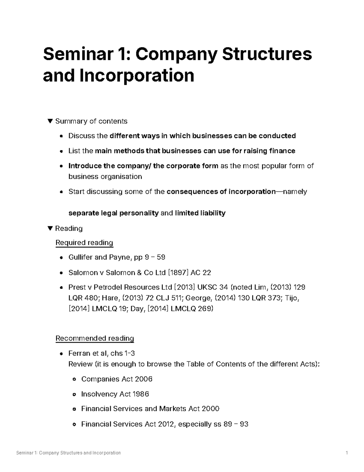 Seminar 1 Company Structures and Incorporation - Seminar 1: Company ...