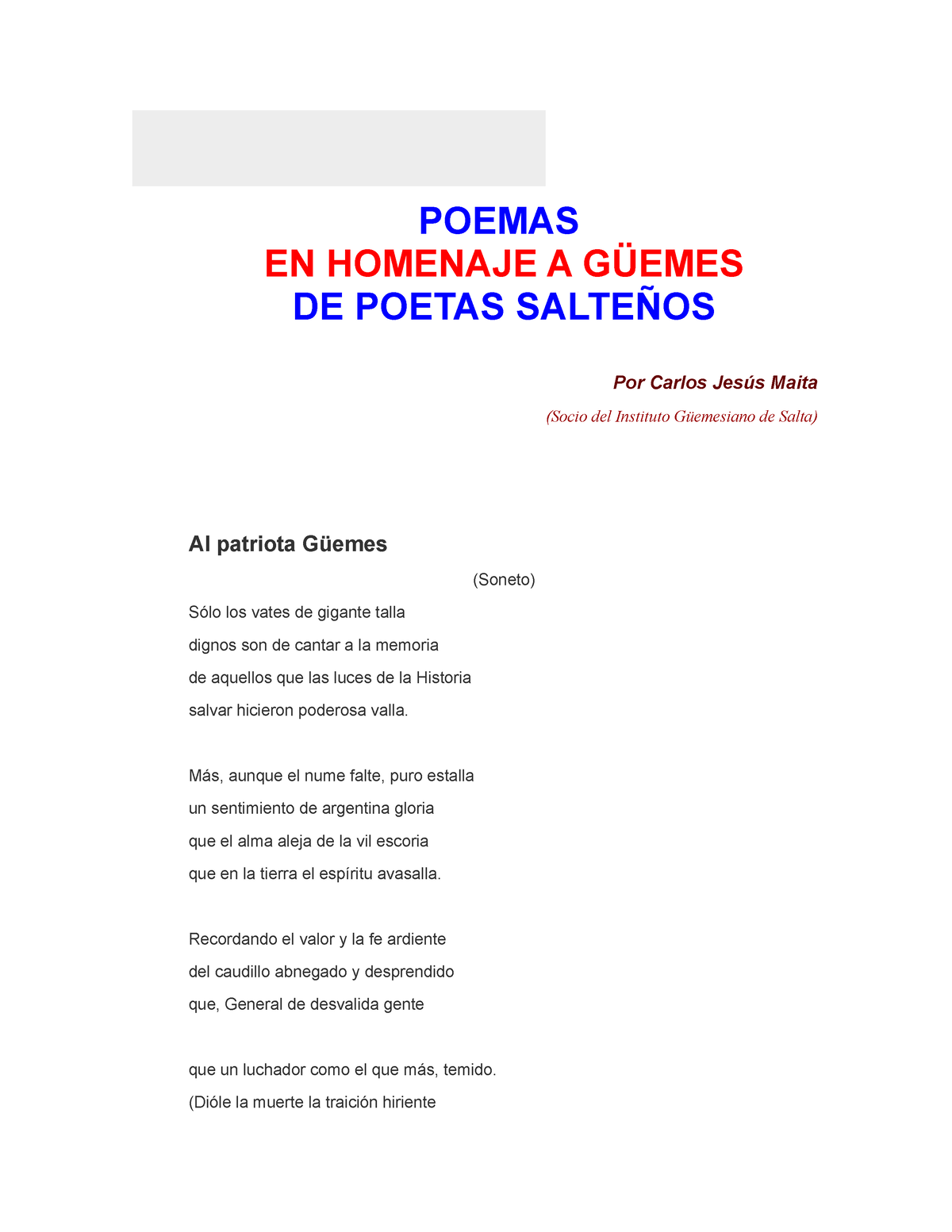 Poesia guemes - Acto escolar - POEMAS EN HOMENAJE A GÜEMES DE POETAS