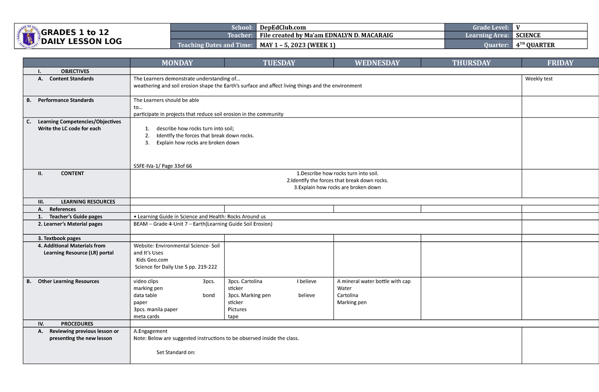 DLL Science 5 Q4 W1 - AKHJSGDHJBSA - GRADES 1 to 12 DAILY LESSON LOG ...