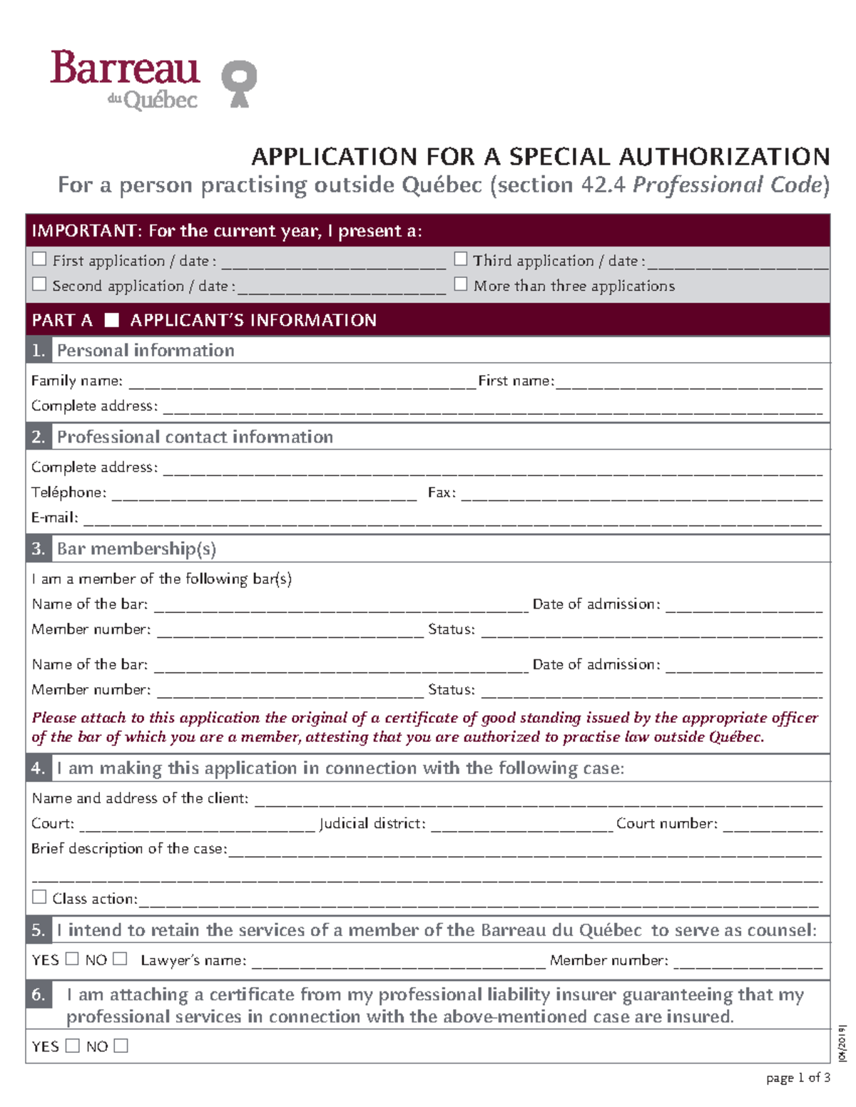 Quebec Bar Application - APPLICATION FOR A SPECIAL AUTHORIZATION For a ...