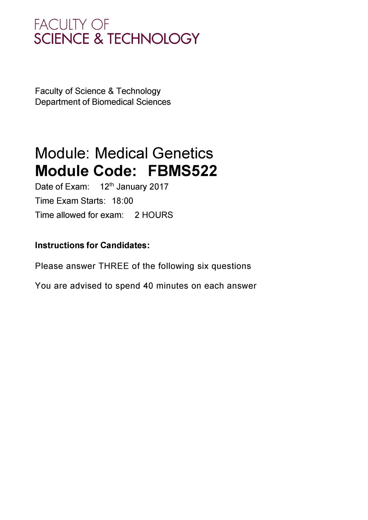 Exam 12 January 2017, Questions - Faculty Of Science &amp; Technology ...