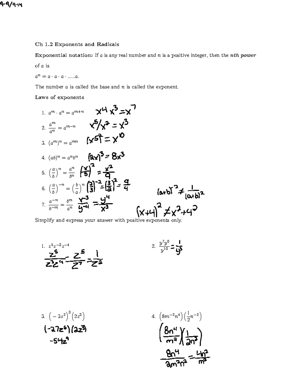 2022-09-14 Precalc Part 1 - Ch 1 Exponents and Radicals Exponential ...