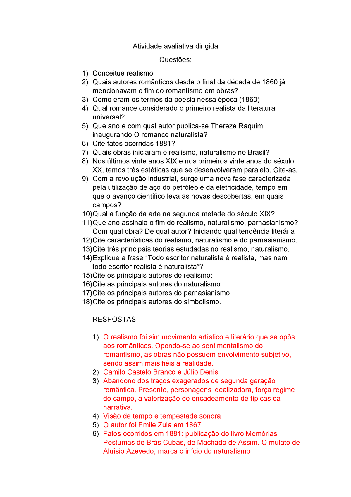 Os 20 Melhores Exercícios sobre Naturalismo com Gabarito