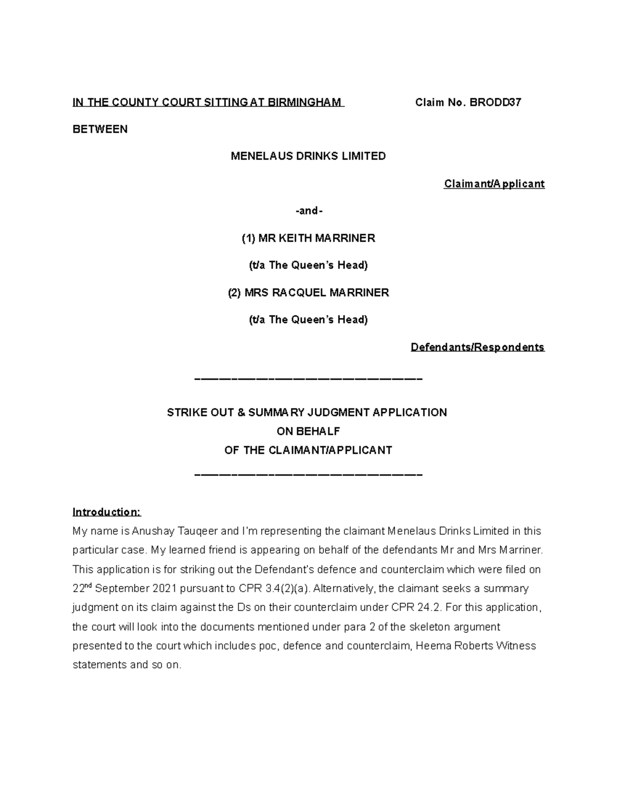 Application for Strike out and Summary Judgment IN THE COUNTY COURT