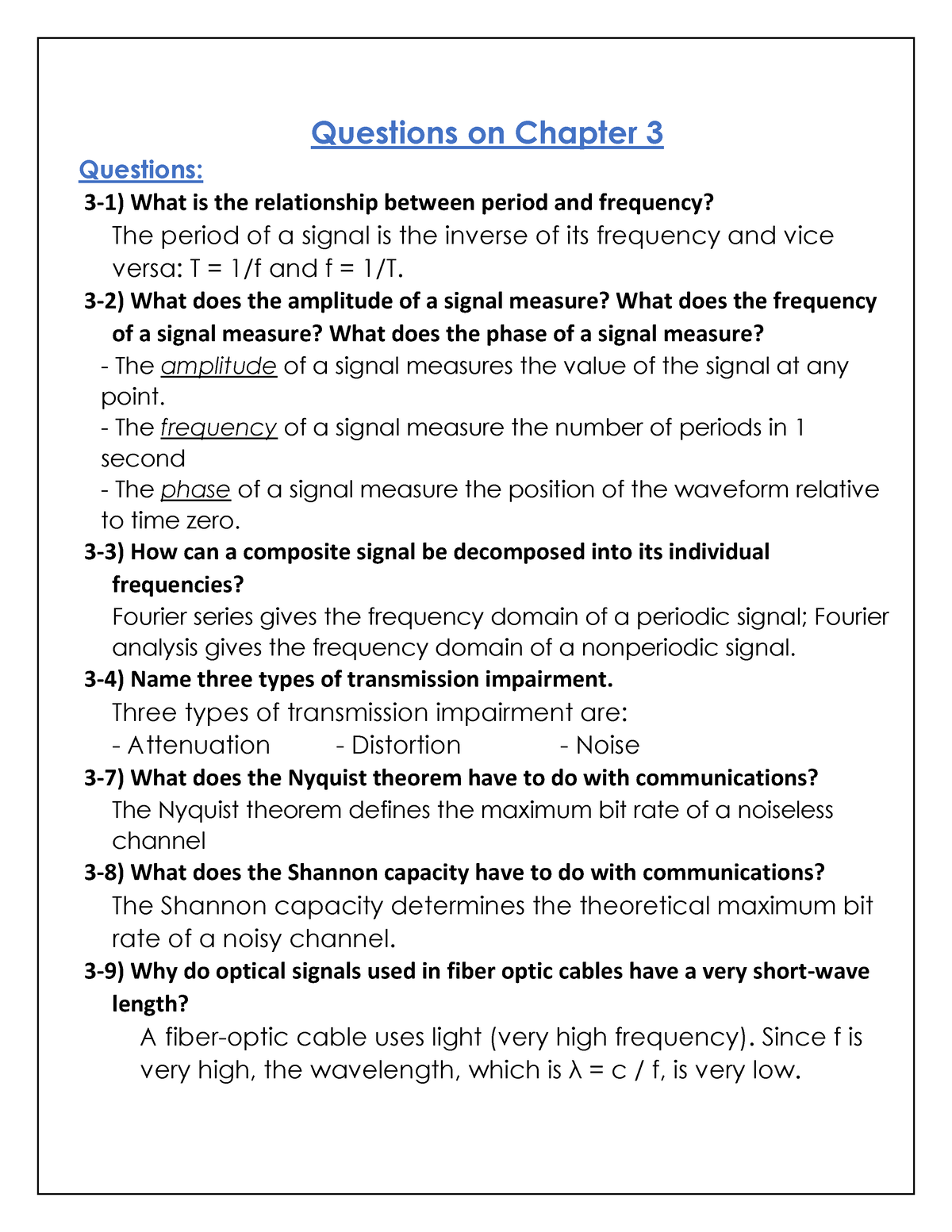 Questions on Chapter 3 Data Communications and Networking Questions