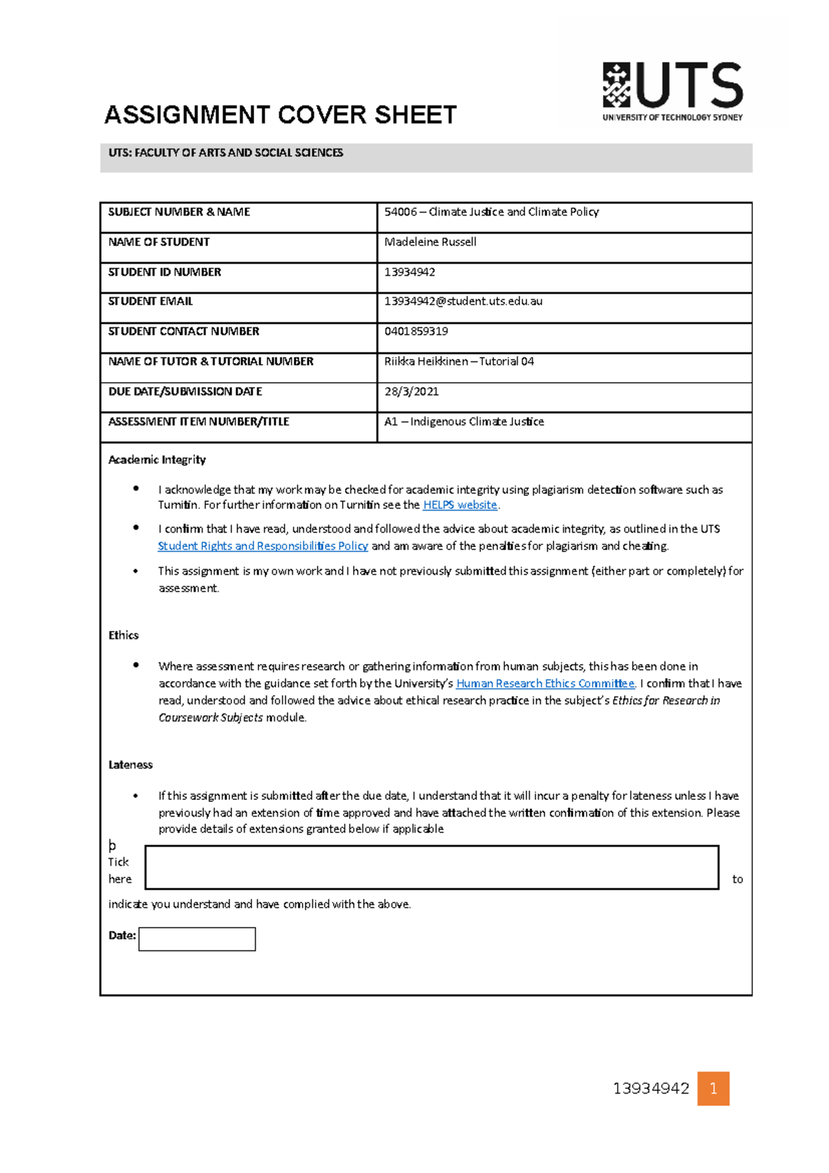 assignment cover sheet uts