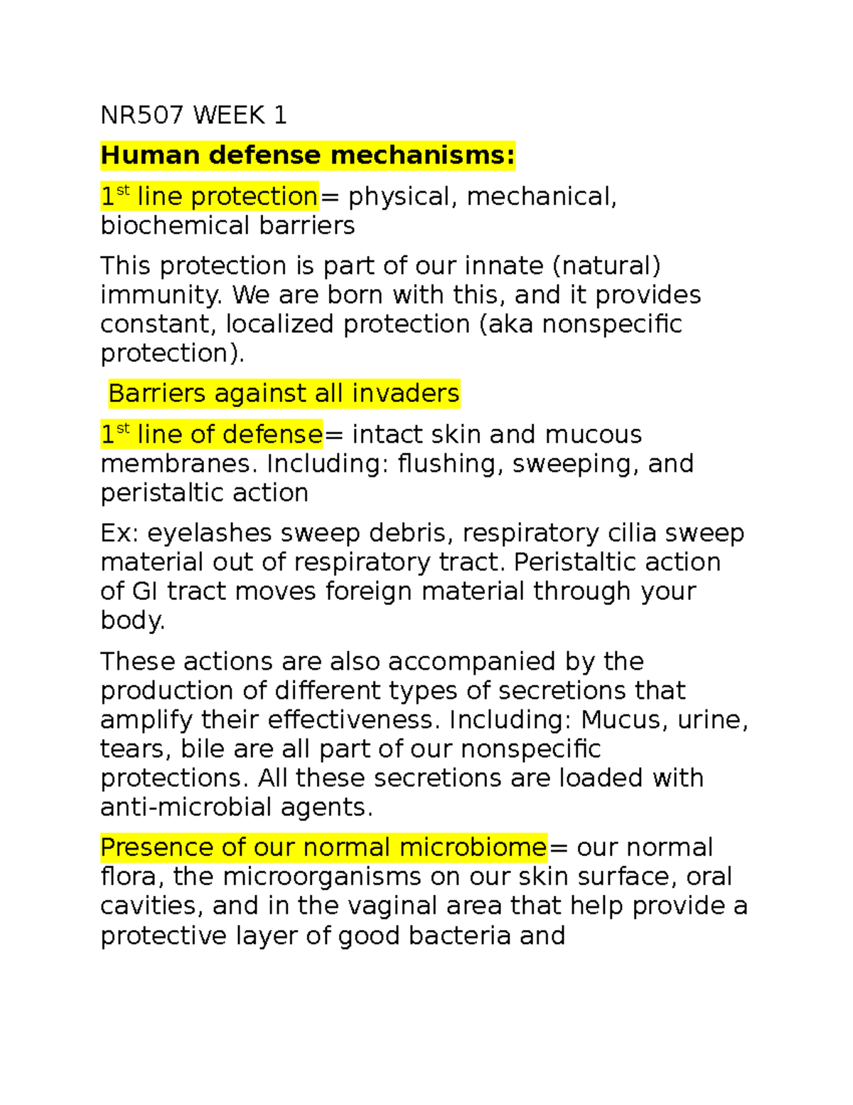 NR507 WEEK 1 PATHO - NR507 WEEK 1 Human defense mechanisms: 1 st line ...