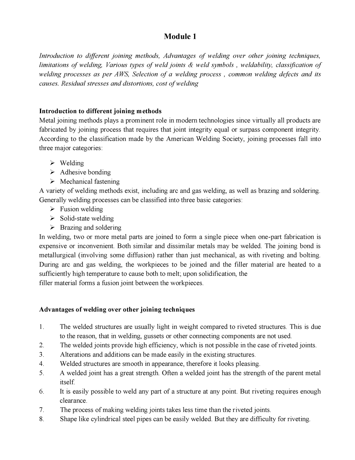 Metal Joining Technology Module 1 - Module 1 Introduction to different ...