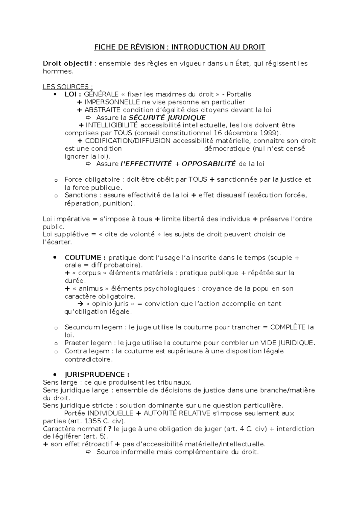 Notions Importantes Introduction Au Droit - FICHE DE RÉVISION ...