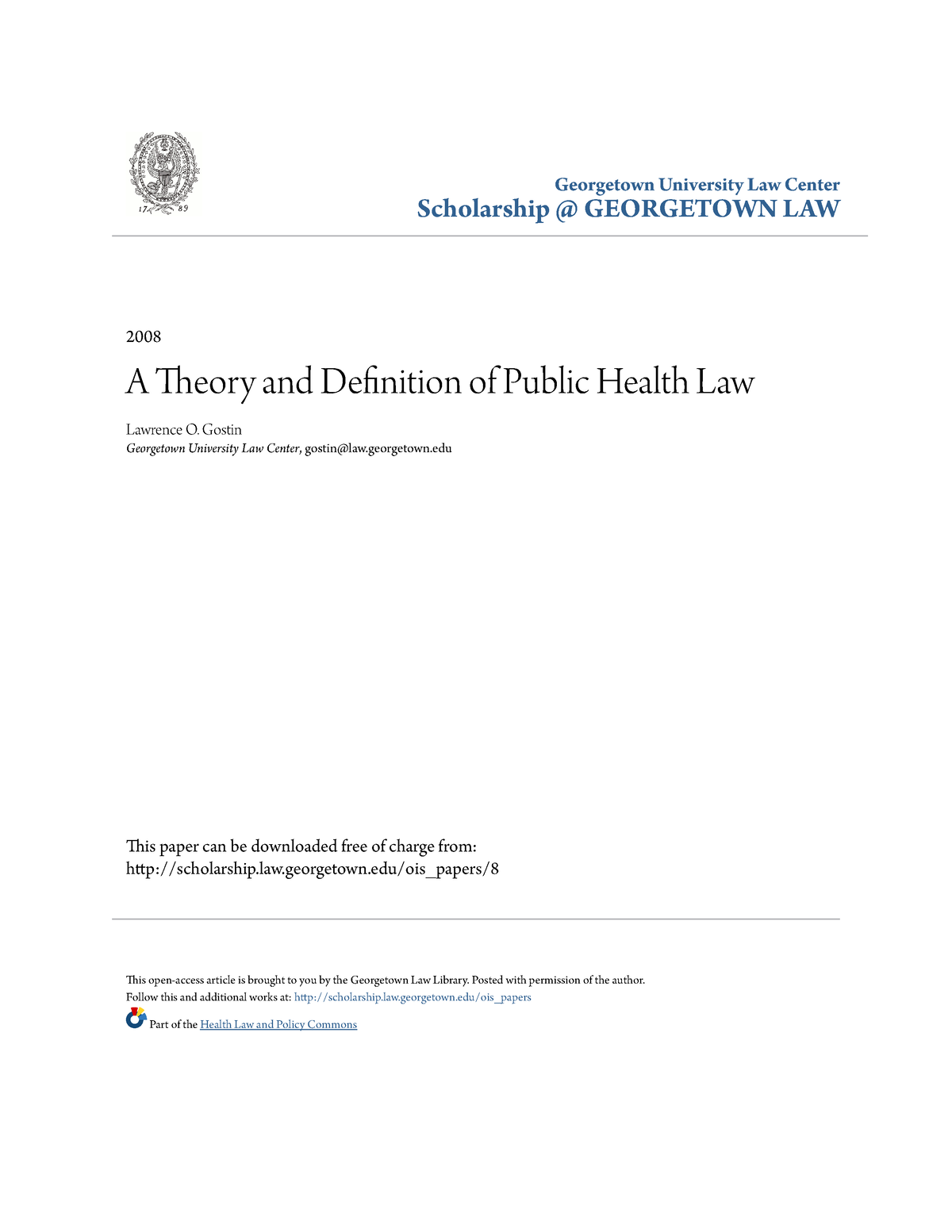 A Theory And Definition Of Public Health Law - Georgetown University ...