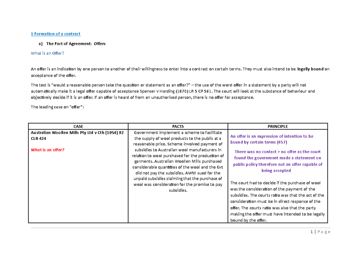 Case List - good ones - 1 Formation of a contract a) The Fact of ...