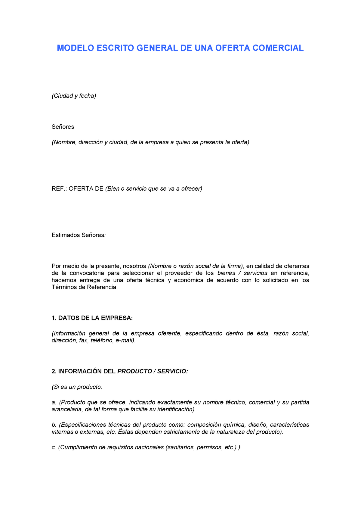 Ejemplo de propuesta comercial PDF - MODELO ESCRITO GENERAL DE UNA OFERTA  COMERCIAL (Ciudad y fecha) - Studocu