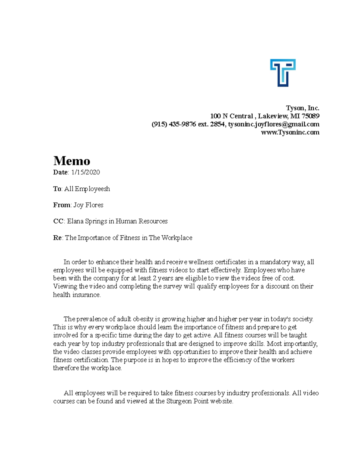 Employee Memo Tyson Inc 100 N Central Lakeview MI 75089 (915