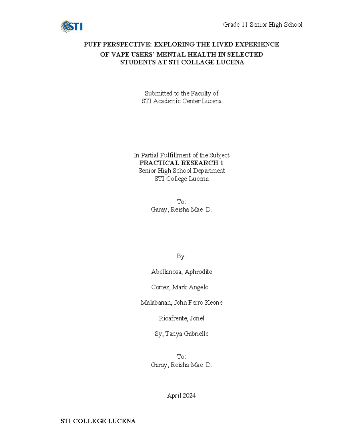 Pr-g2 - PUFF PERSPECTIVE: EXPLORING THE LIVED EXPERIENCE OF VAPE USERS ...