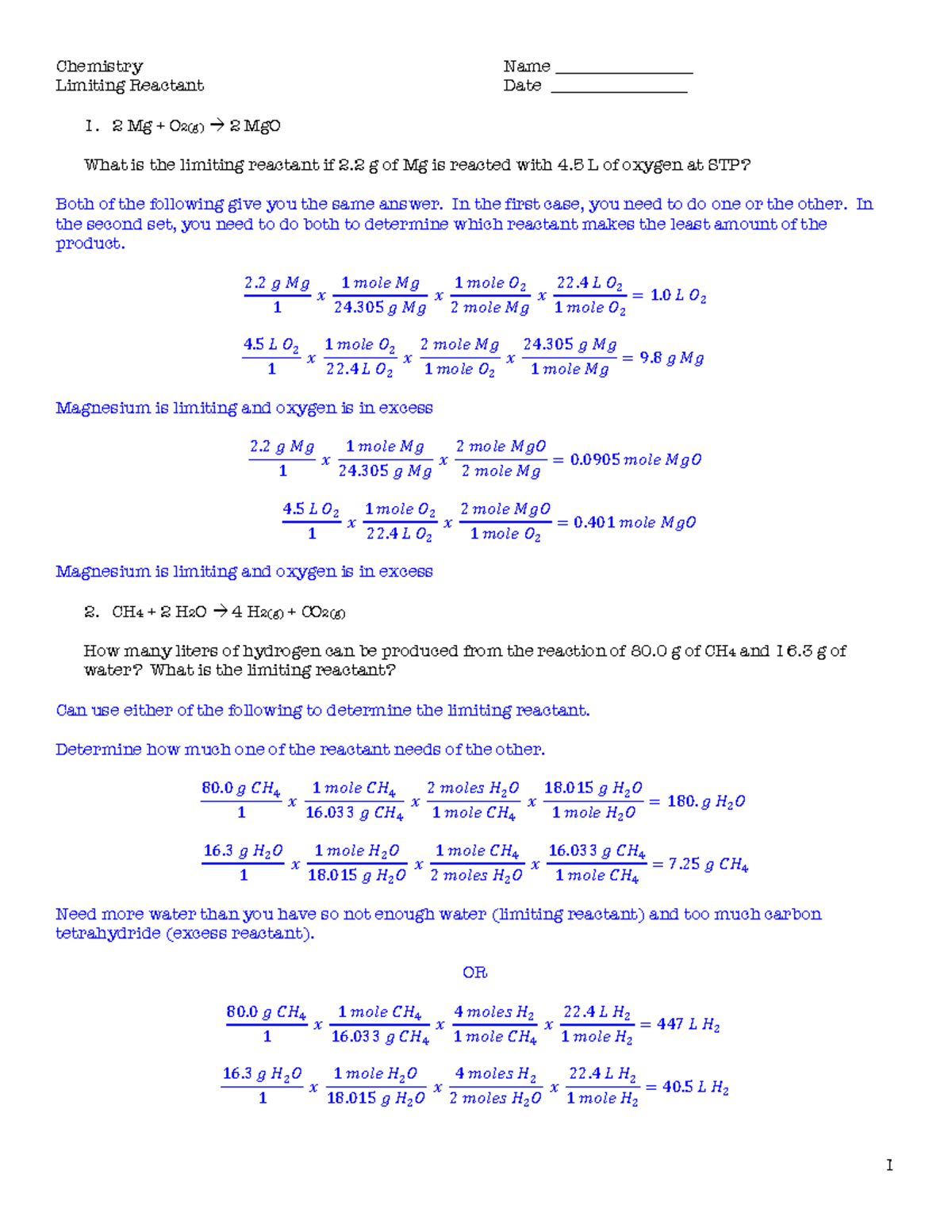 HW - limiting reactant practice answers - 1 Chemistry Name ...