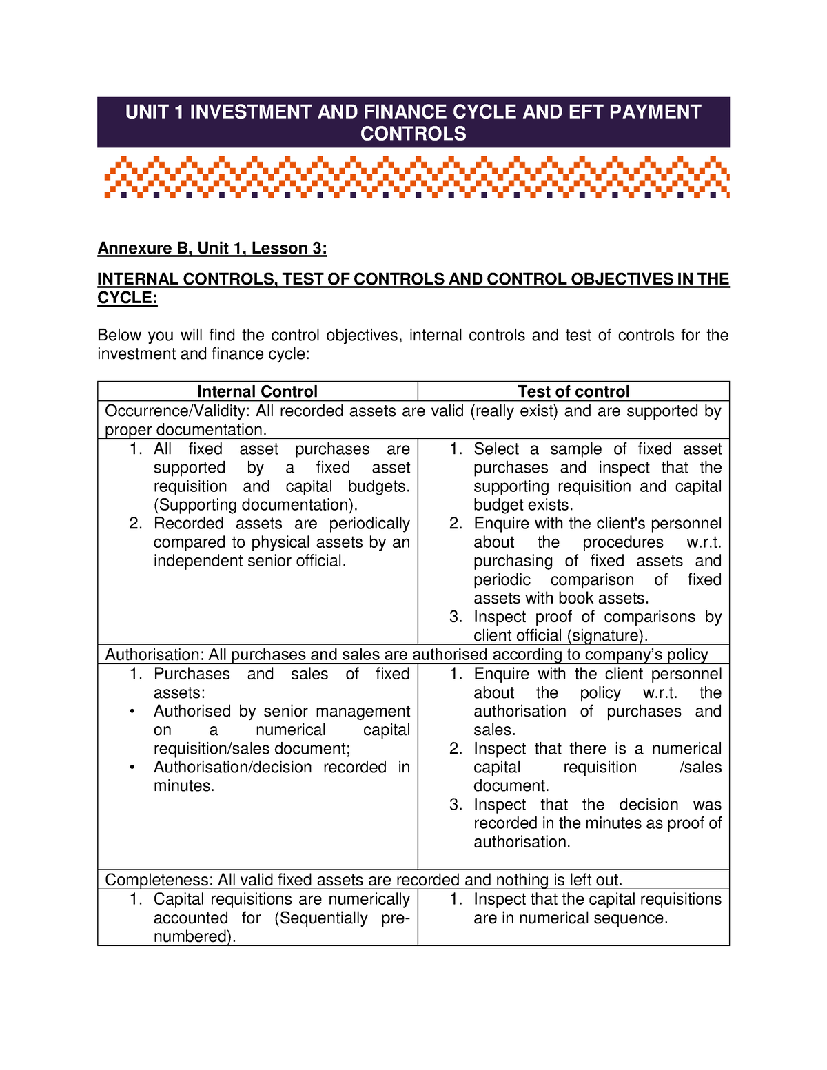 Annexure B Unit 1 Lesson 3 - UNIT 1 INVESTMENT AND FINANCE CYCLE AND ...