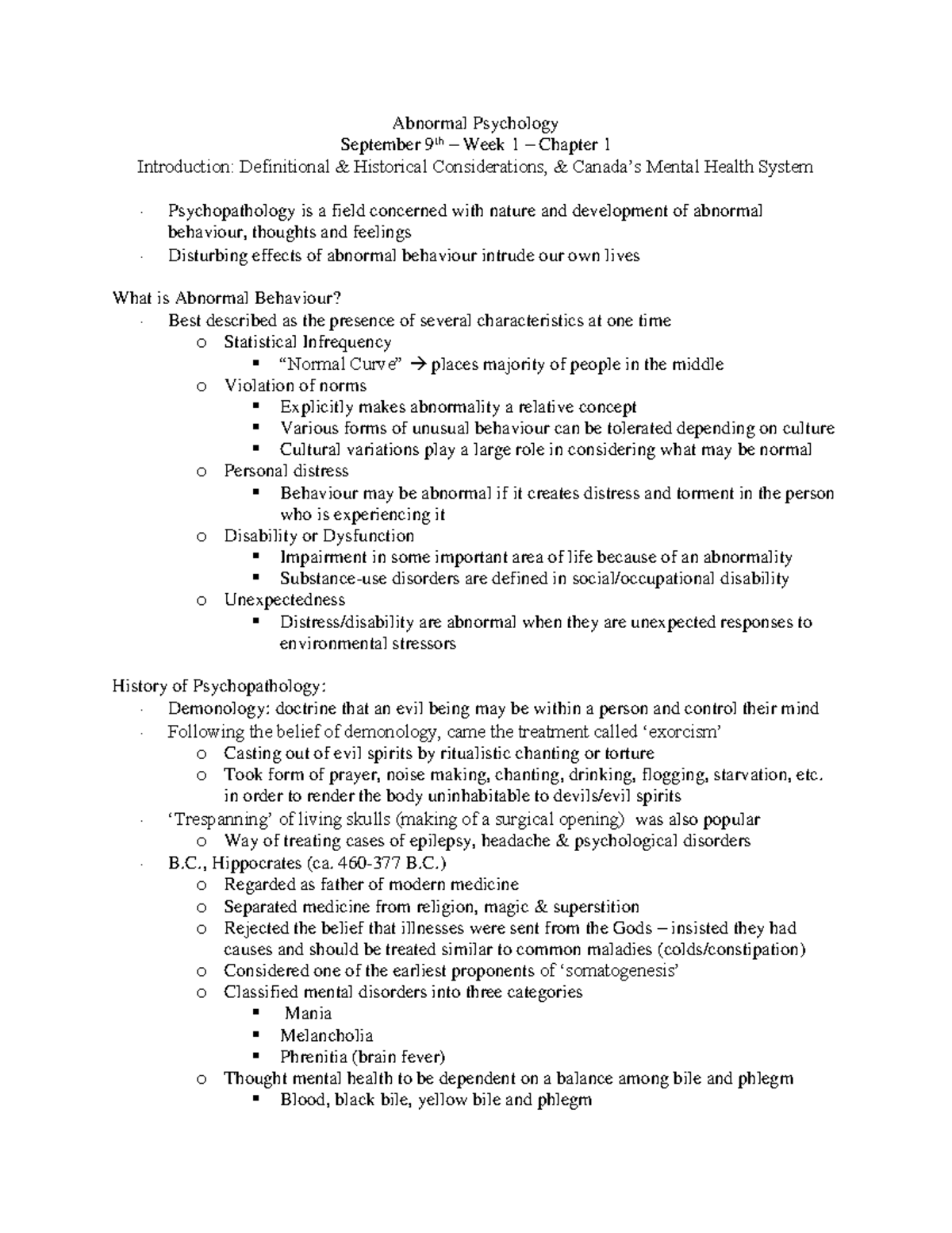 Lecture notes, lectures 1-9 - Abnormal Psychology September 9th Week 1 ...