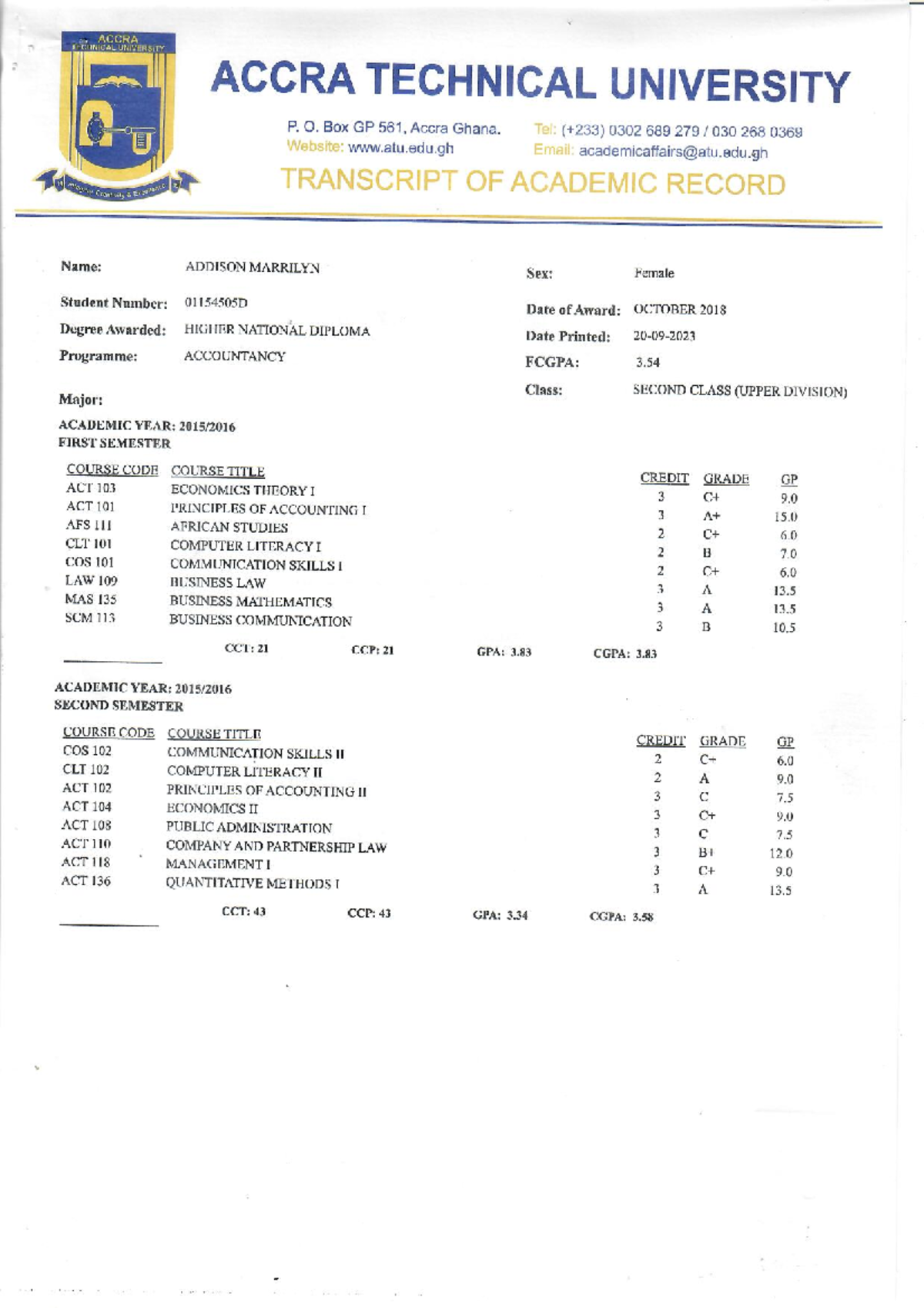 Accra Technical University Transcript - ACCRA TECHNICAL UNIVERSITY ...