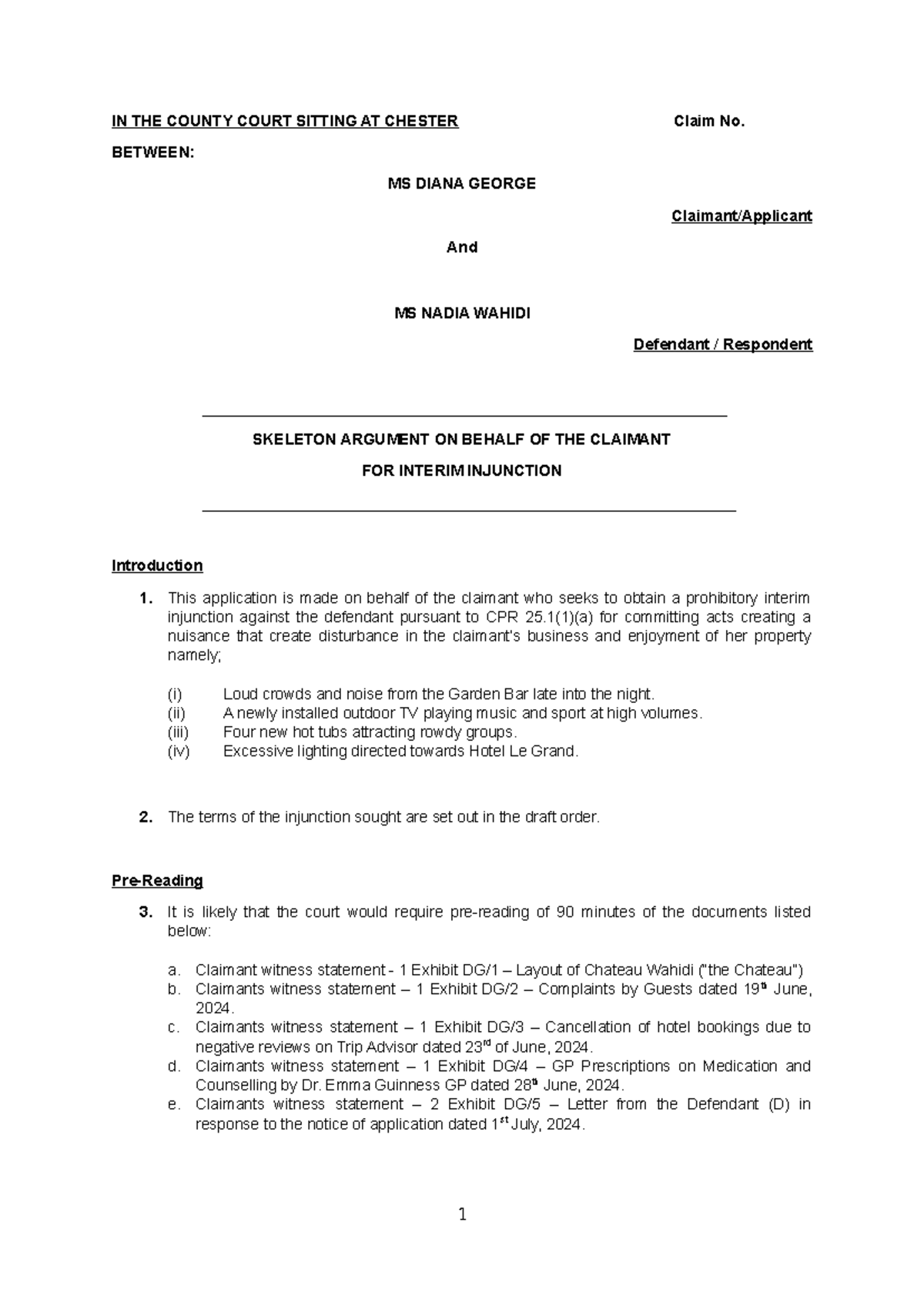Skeleton Argument on Interim Injunction - IN THE COUNTY COURT SITTING ...
