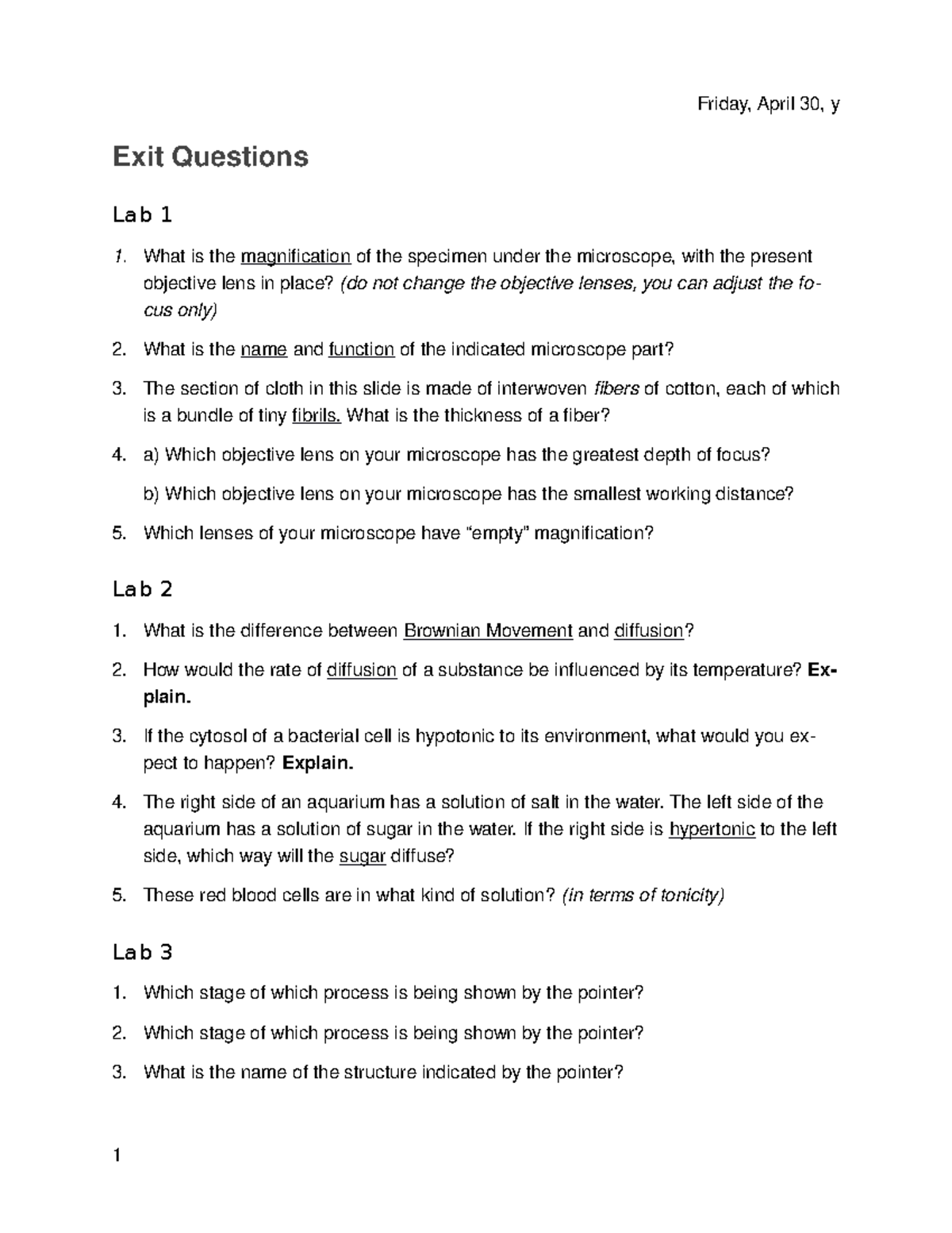 Tutorial work questions from the laboratory section Friday, August