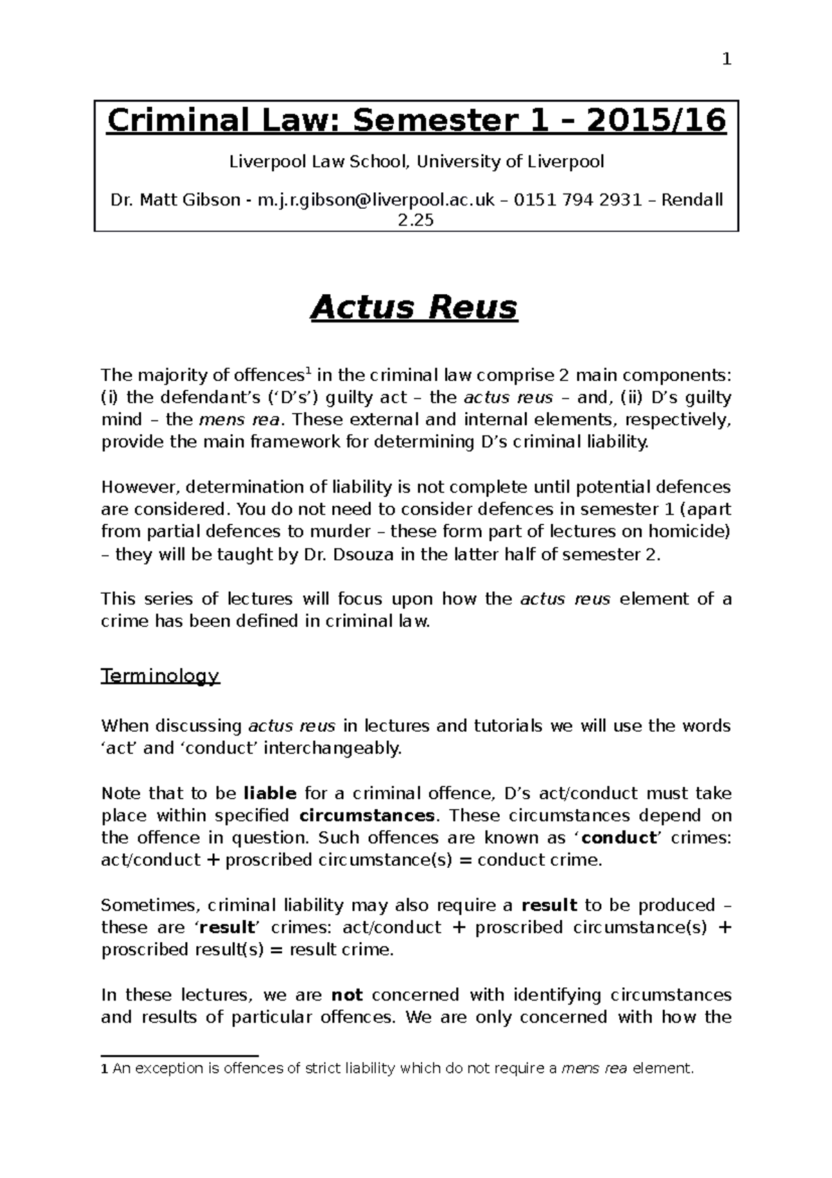 Actus Reus Handout - Criminal Law: Semester 1 – 2015 /1 6 Liverpool Law ...