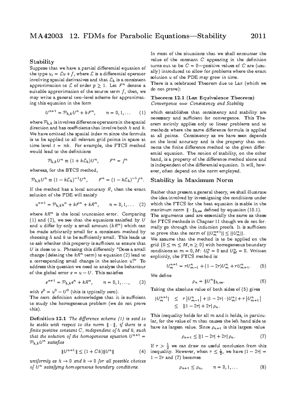 Chapter 12 - FDMs for Parabolic Equations - Stability - MA42003 12 ...
