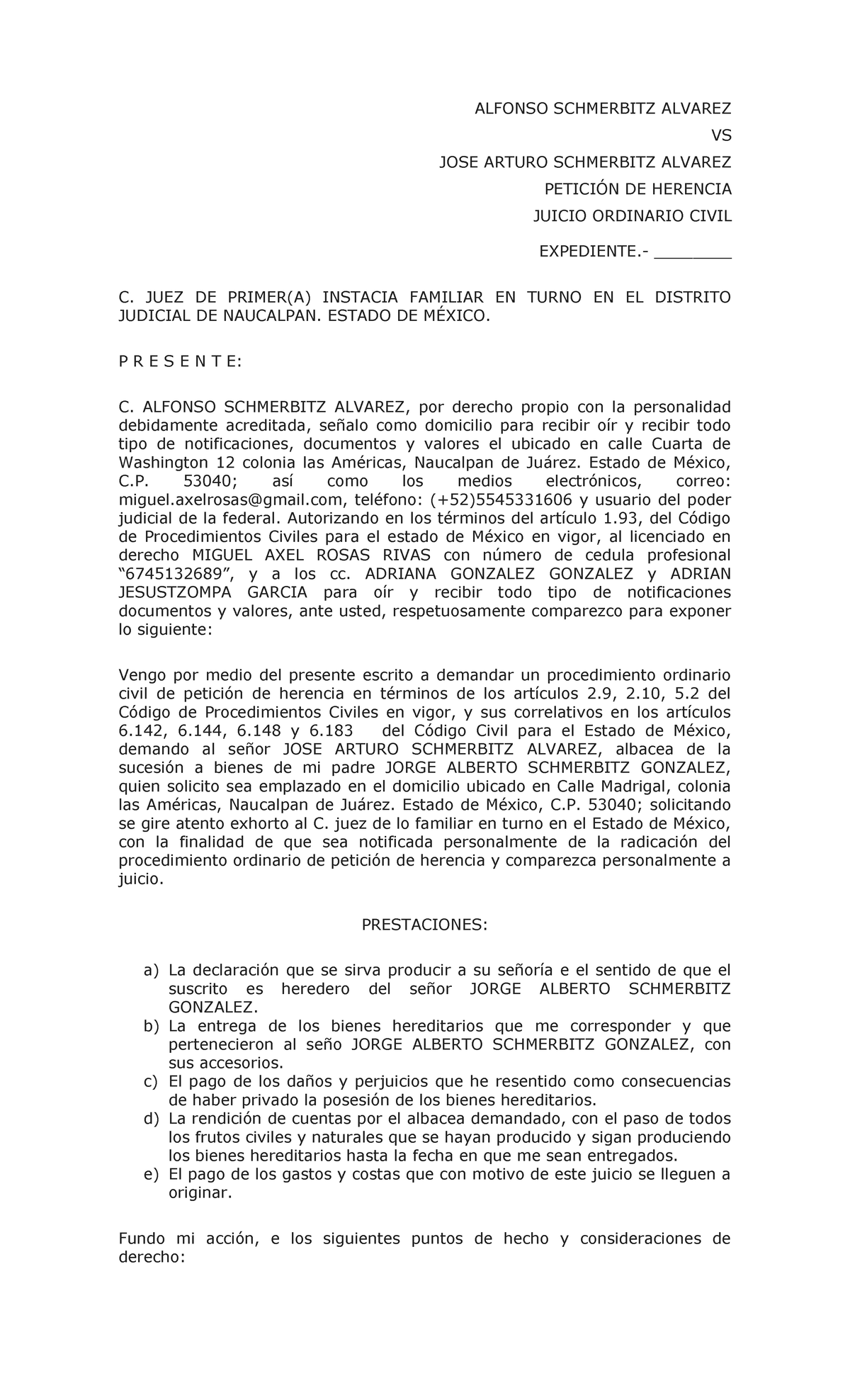 Escrito sucesiones - ALFONSO SCHMERBITZ ALVAREZ VS JOSE ARTURO ...