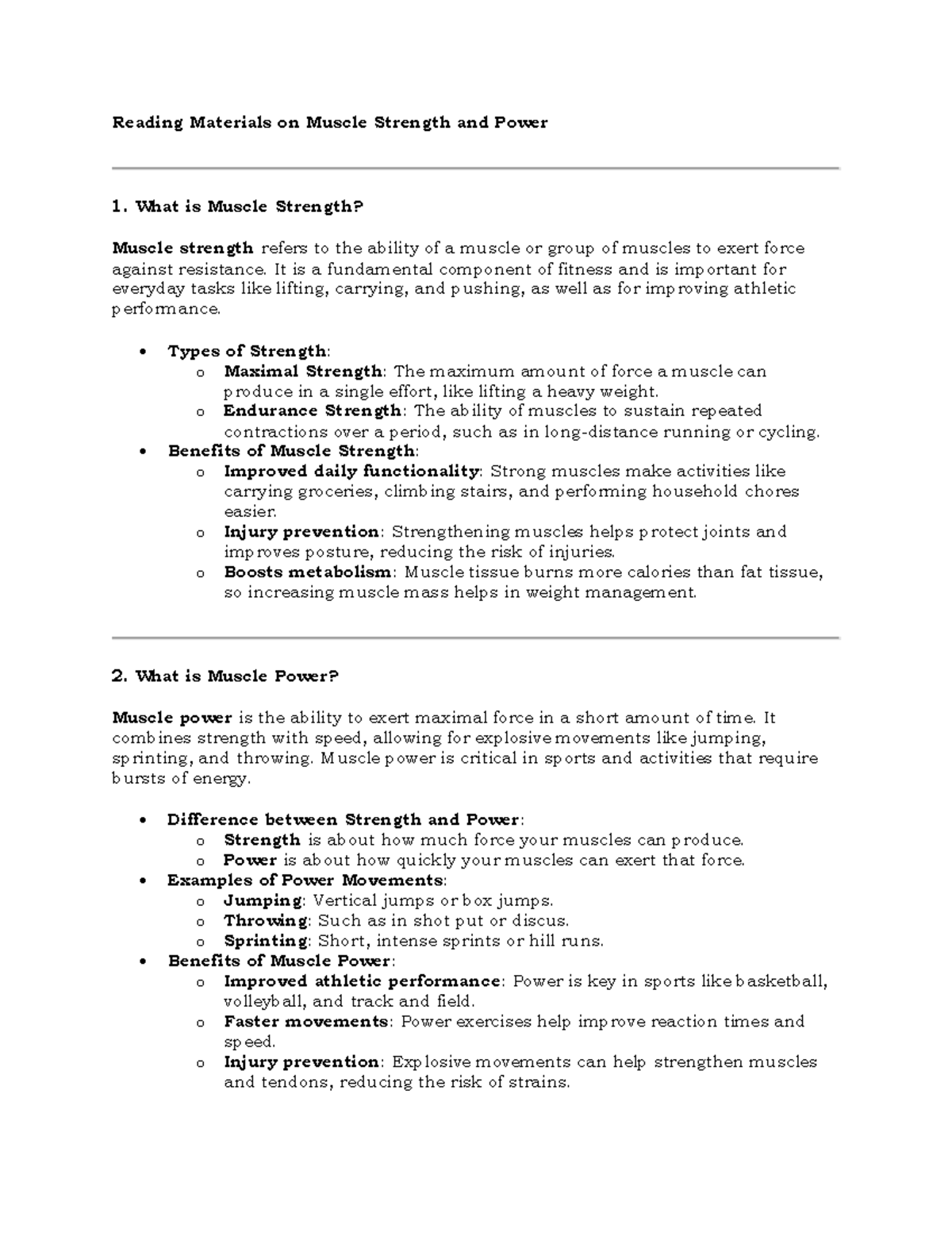 Reading Materials Muscle Strenght & Power - Reading Materials on Muscle ...