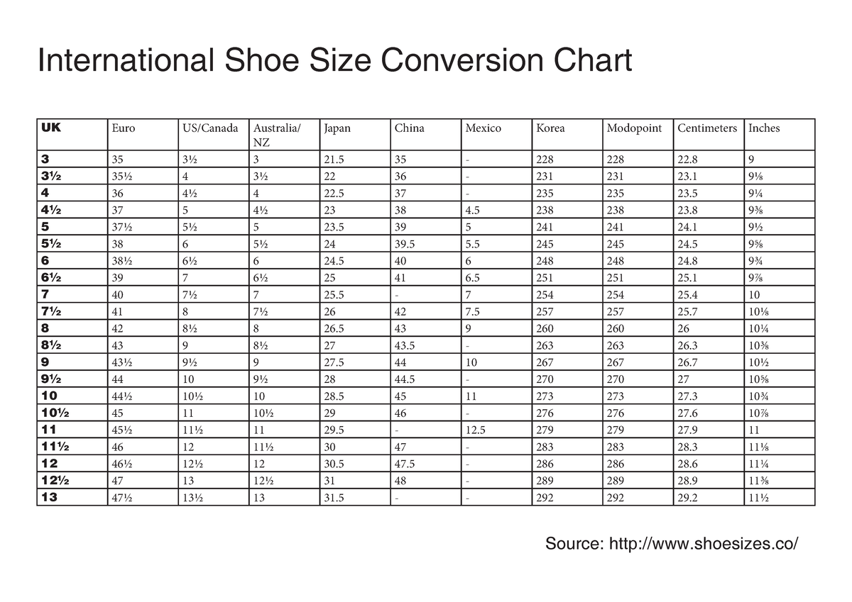 International shoe size conversion - Studocu
