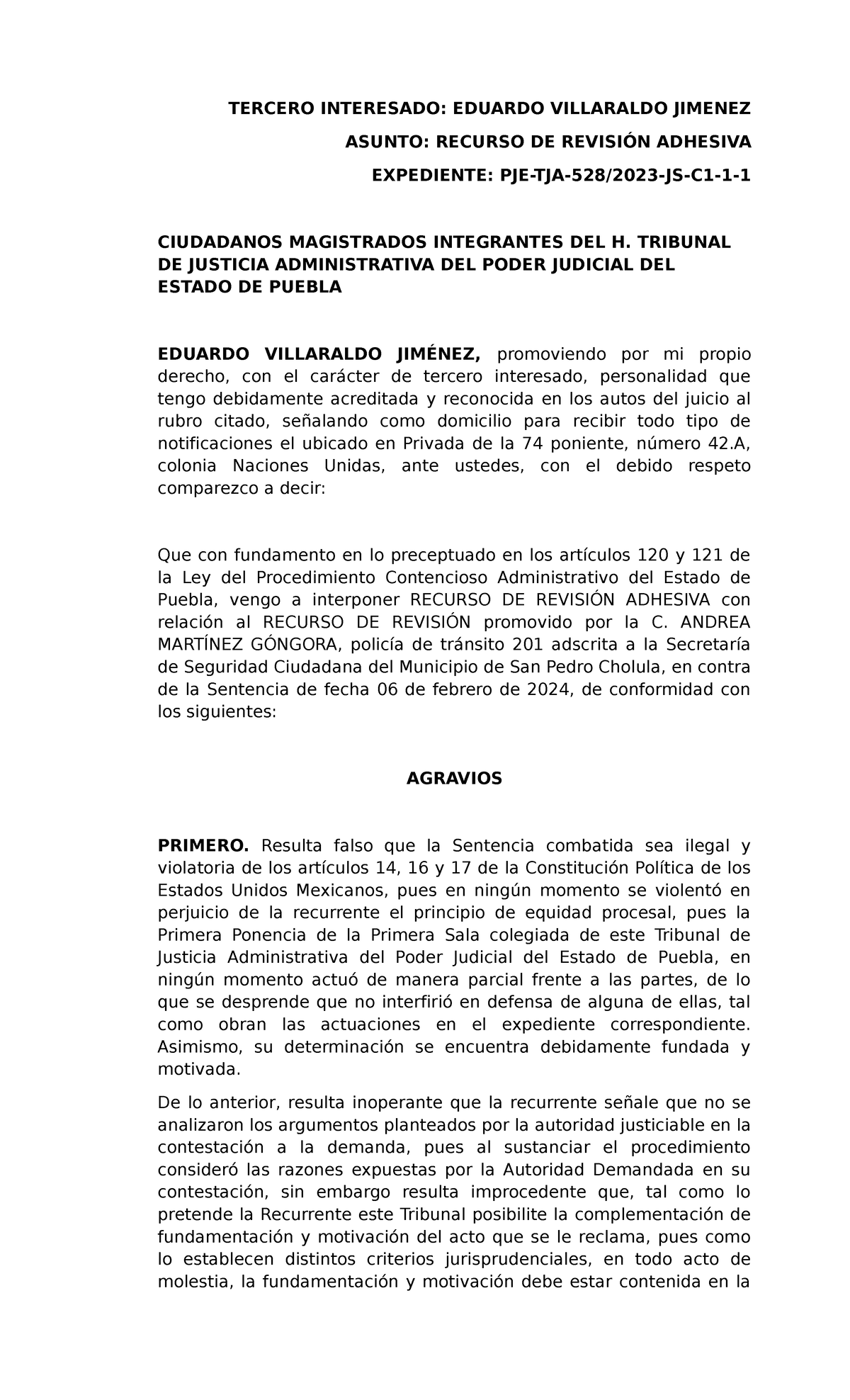 Revision Adhesiva - TERCERO INTERESADO: EDUARDO VILLARALDO JIMENEZ ...