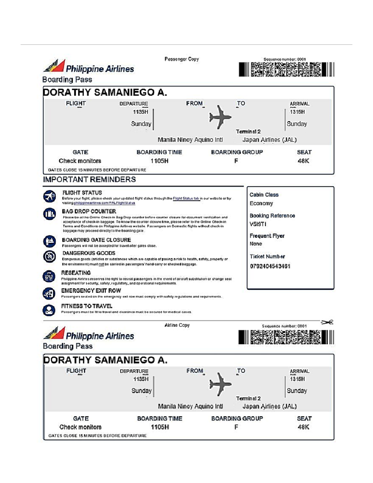 Planeticket - Passenger Copy Sequence number: Philippine Airlines ...