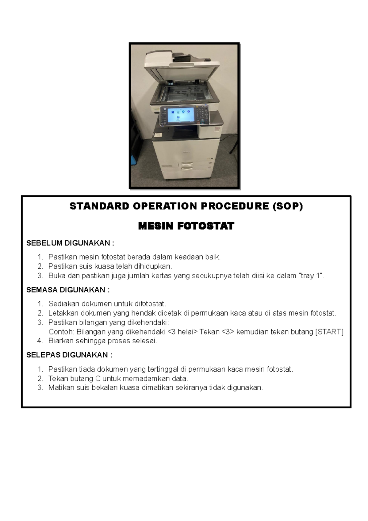 Mesin Fotostat Standard Operation Procedure Sop Mesin Fotostat Sebelum Digunakan 1 7919