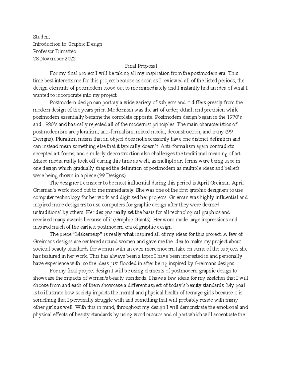 FInal Proposal - Student Introduction to Graphic Design Professor ...