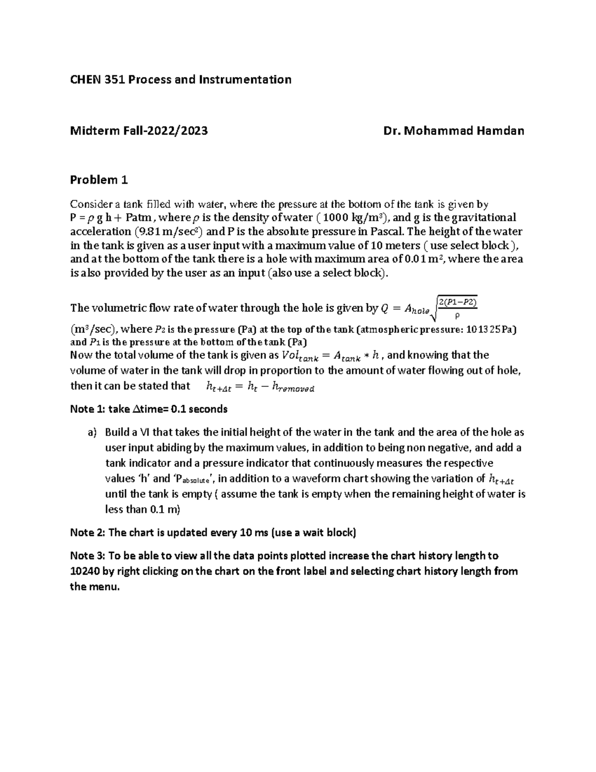 Midterm Chen 351 - goog - CHEN 351 Process and Instrumentation Midterm ...
