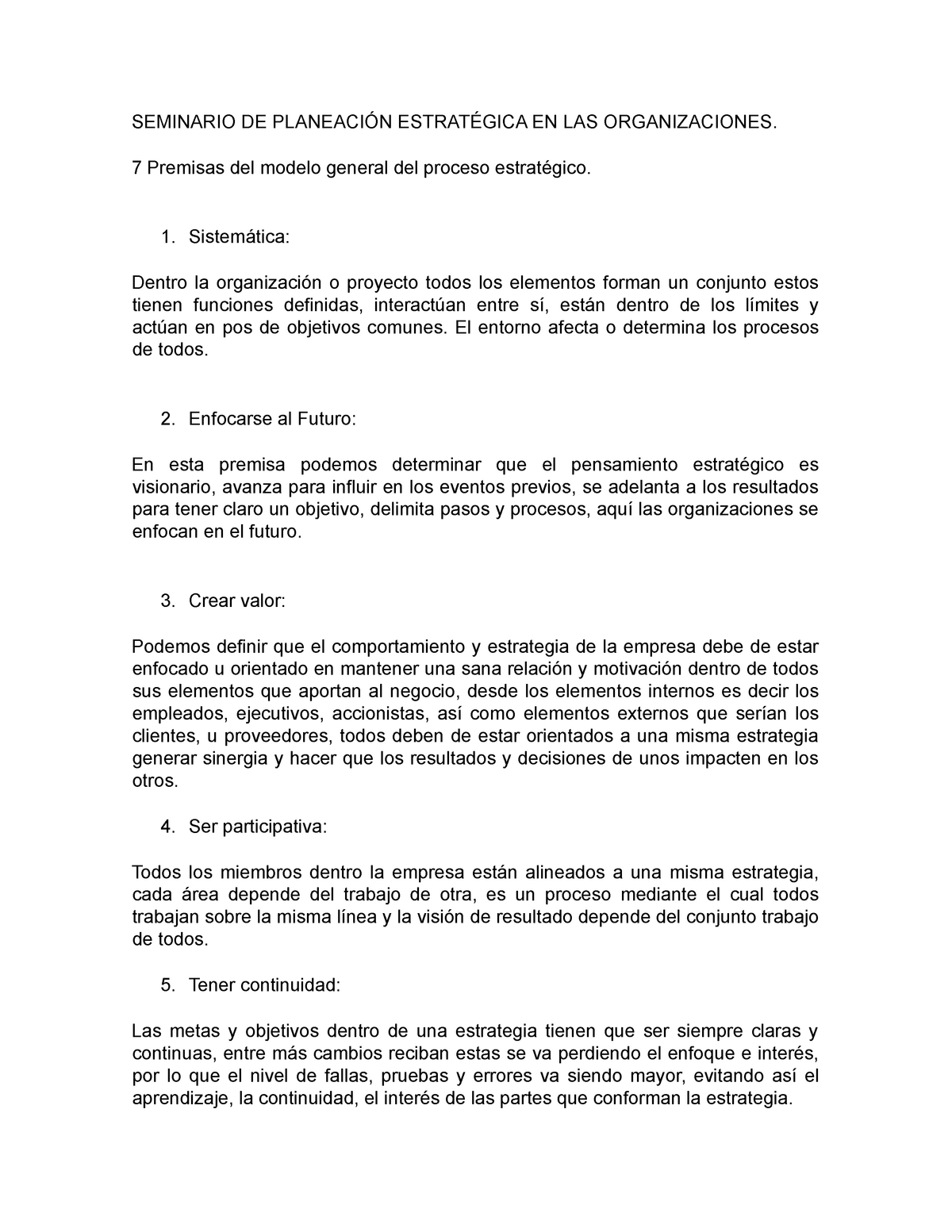 7 Premisas Del Modelo General Del Proceso Estratégico 1 Seminario De