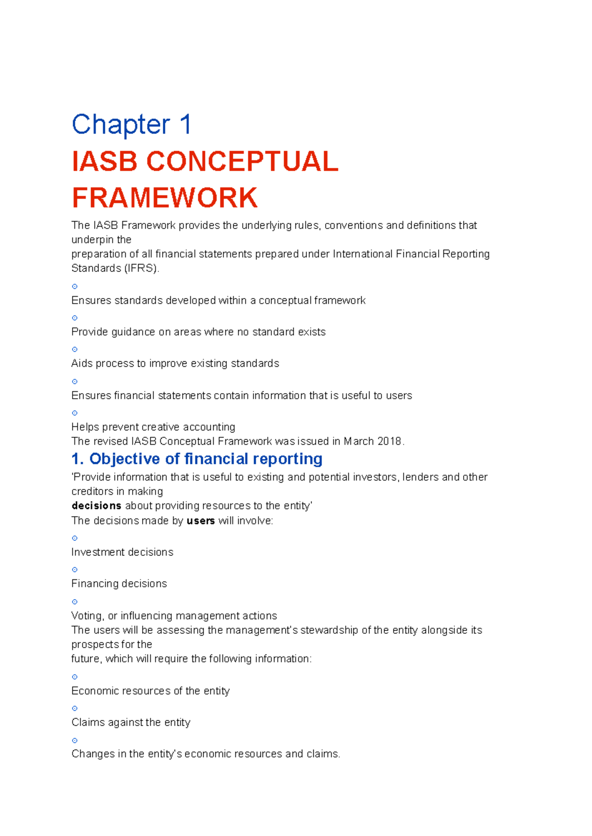 Class note 69 - My note - Chapter 1 IASB CONCEPTUAL FRAMEWORK The IASB ...