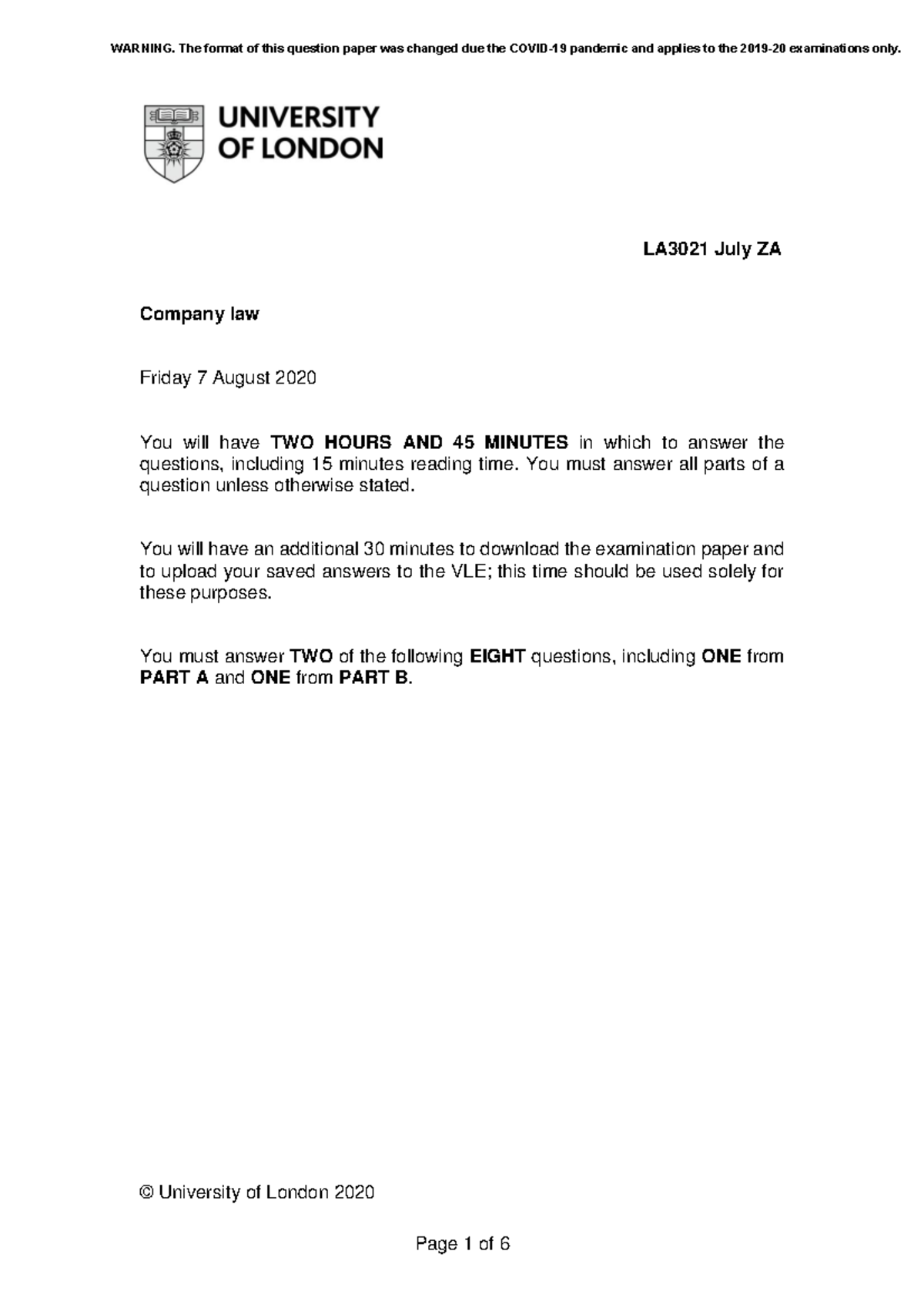 Company Exam 2020 A LA30 21 July ZA Company Law Friday 7 August 2020 