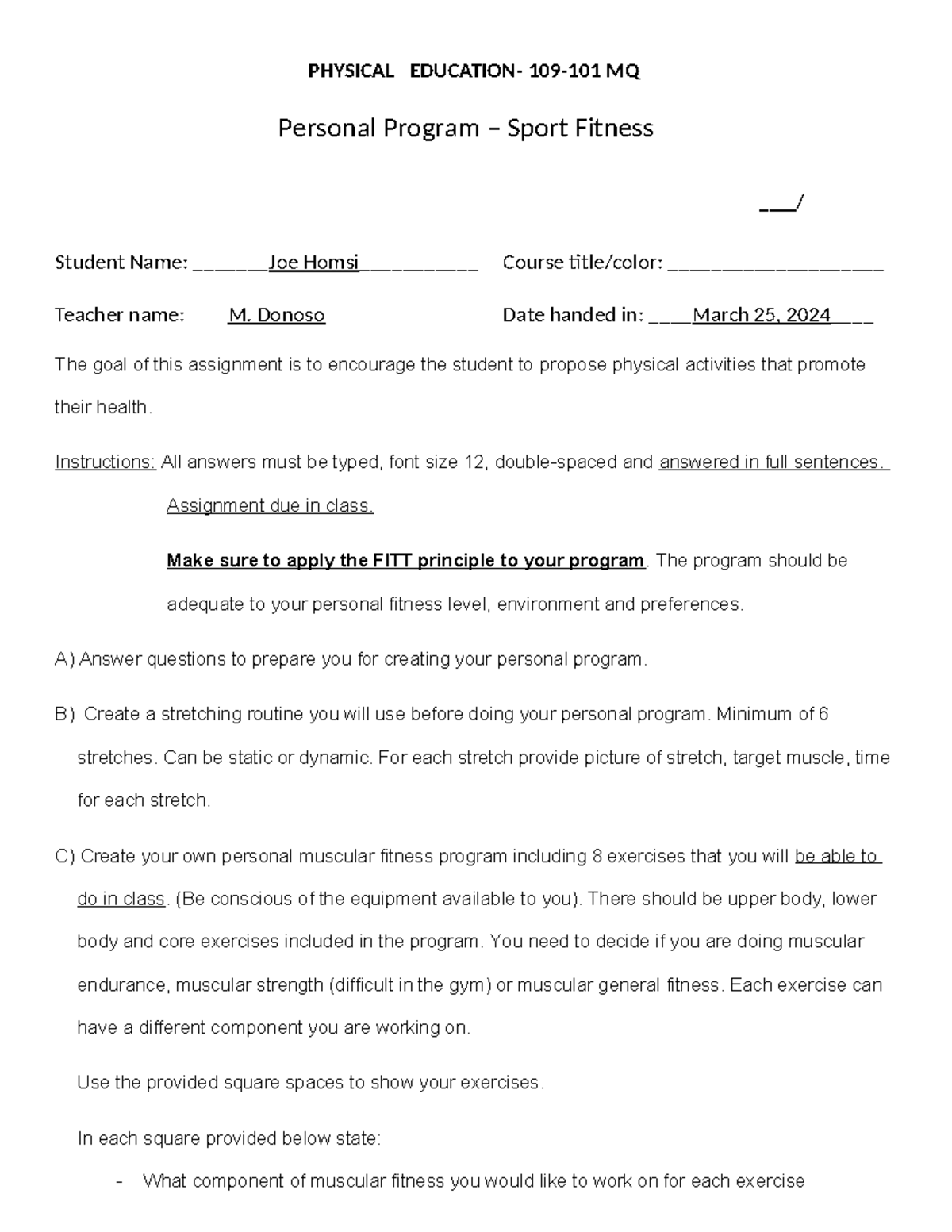 Personal Program Assignment Sportfit W24 - PHYSICAL EDUCATION- 109-101 ...