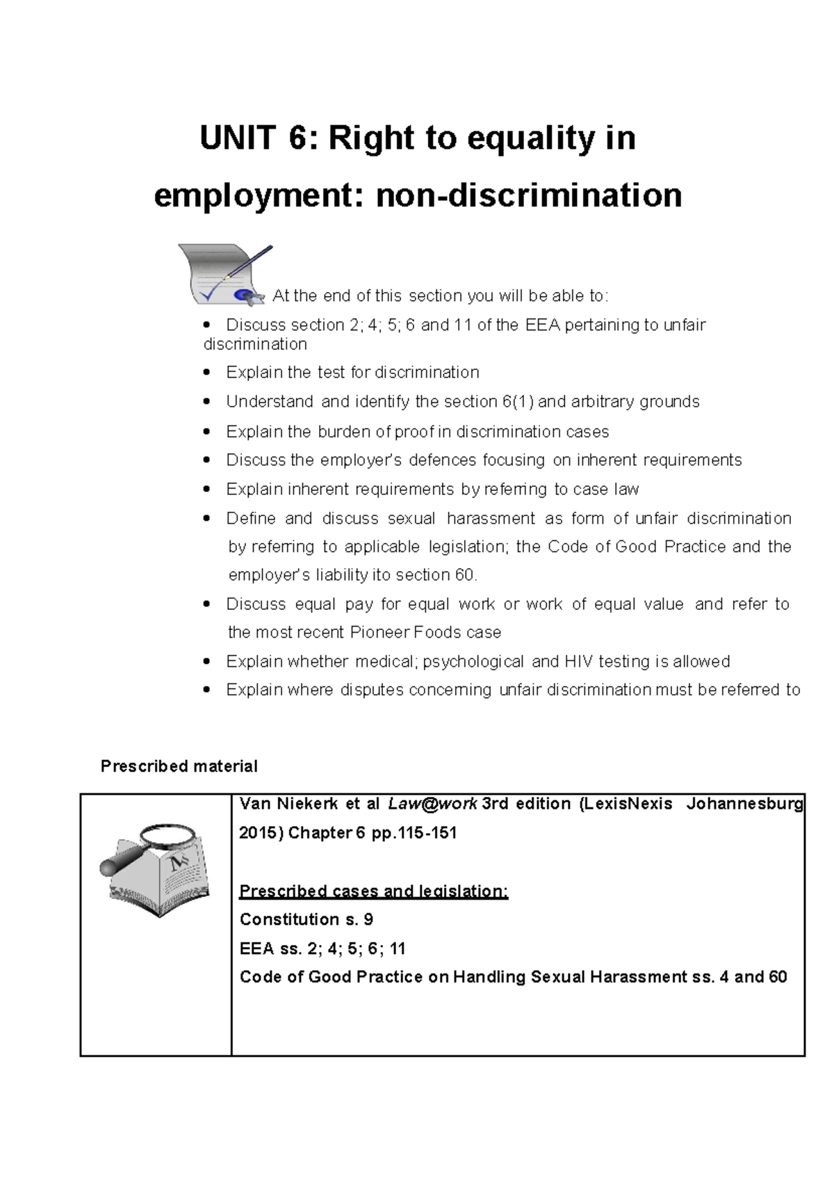 Week 5 - Chapter 6 - Right to Equality in Employment - UNIT 6: Right to ...