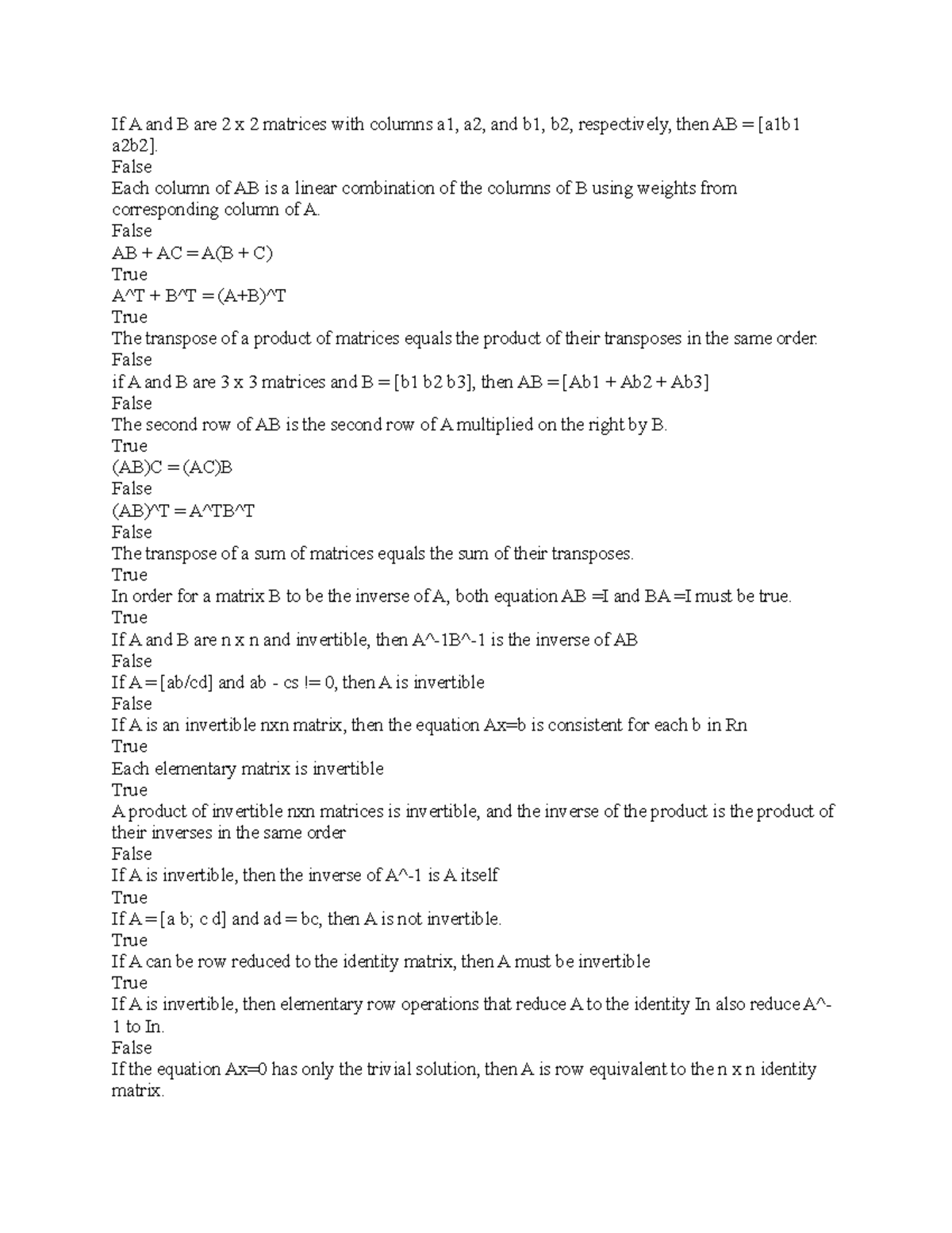 Lin2 - Notes - If A And B Are 2 X 2 Matrices With Columns A1, A2, And ...