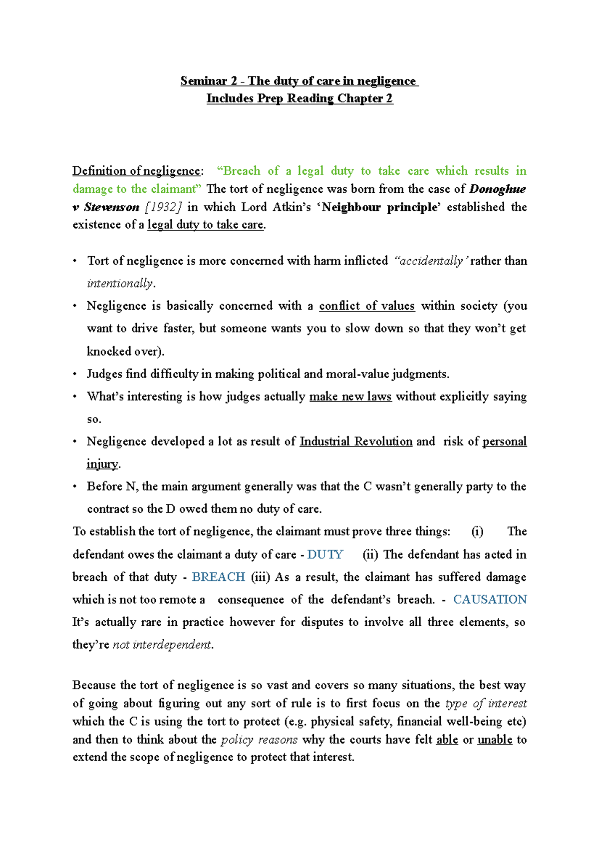 Tort - Duty of Care - Seminar 2 - The duty of care in negligence ...