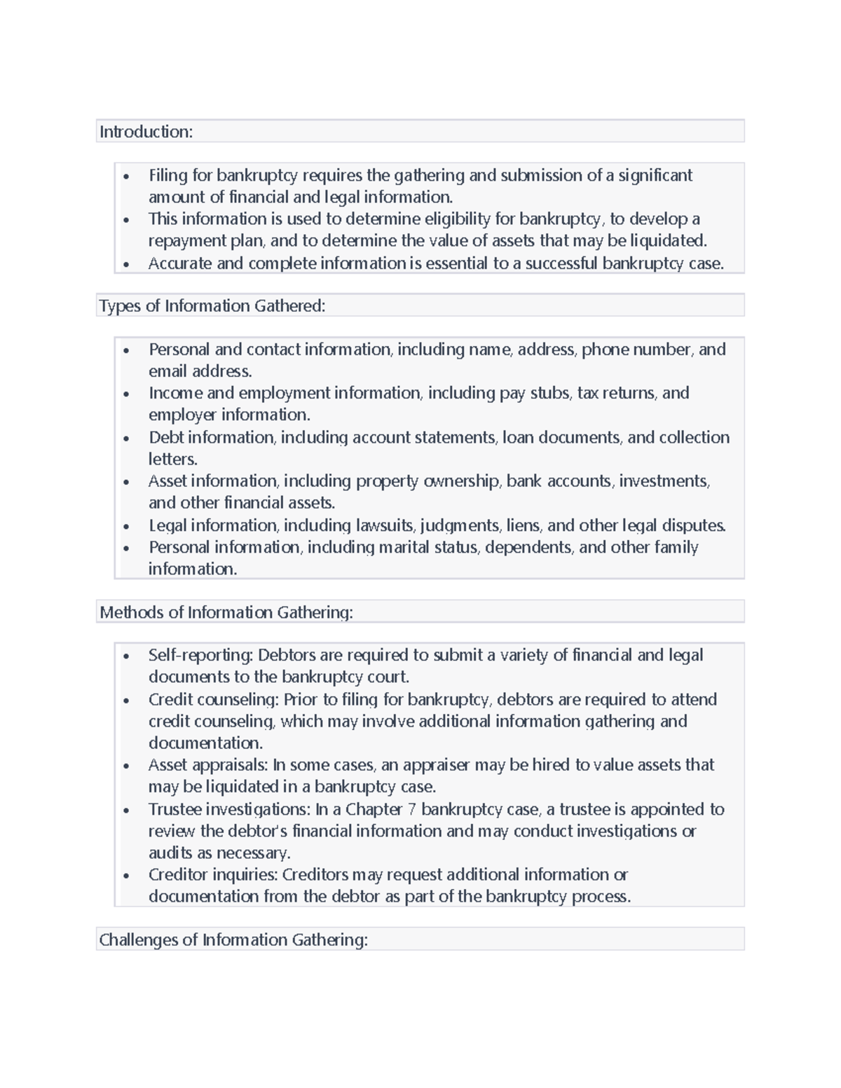 Information Gathering - Introduction: • Filing For Bankruptcy Requires ...