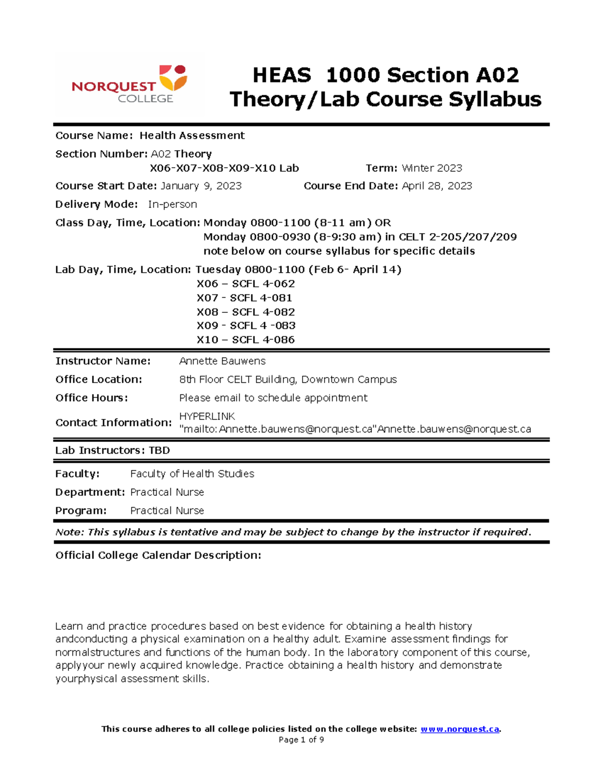 HEAS 1000 A02 syllabus W23 - HEAS 1000 Section A Theory/Lab Course ...