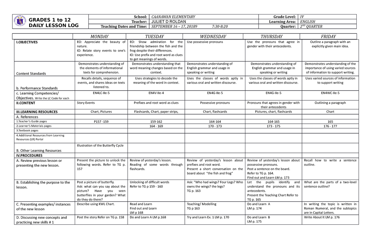 DLL English 4 Q2 W5 - DLL - GRADES 1 To 12 DAILY LESSON LOG School ...