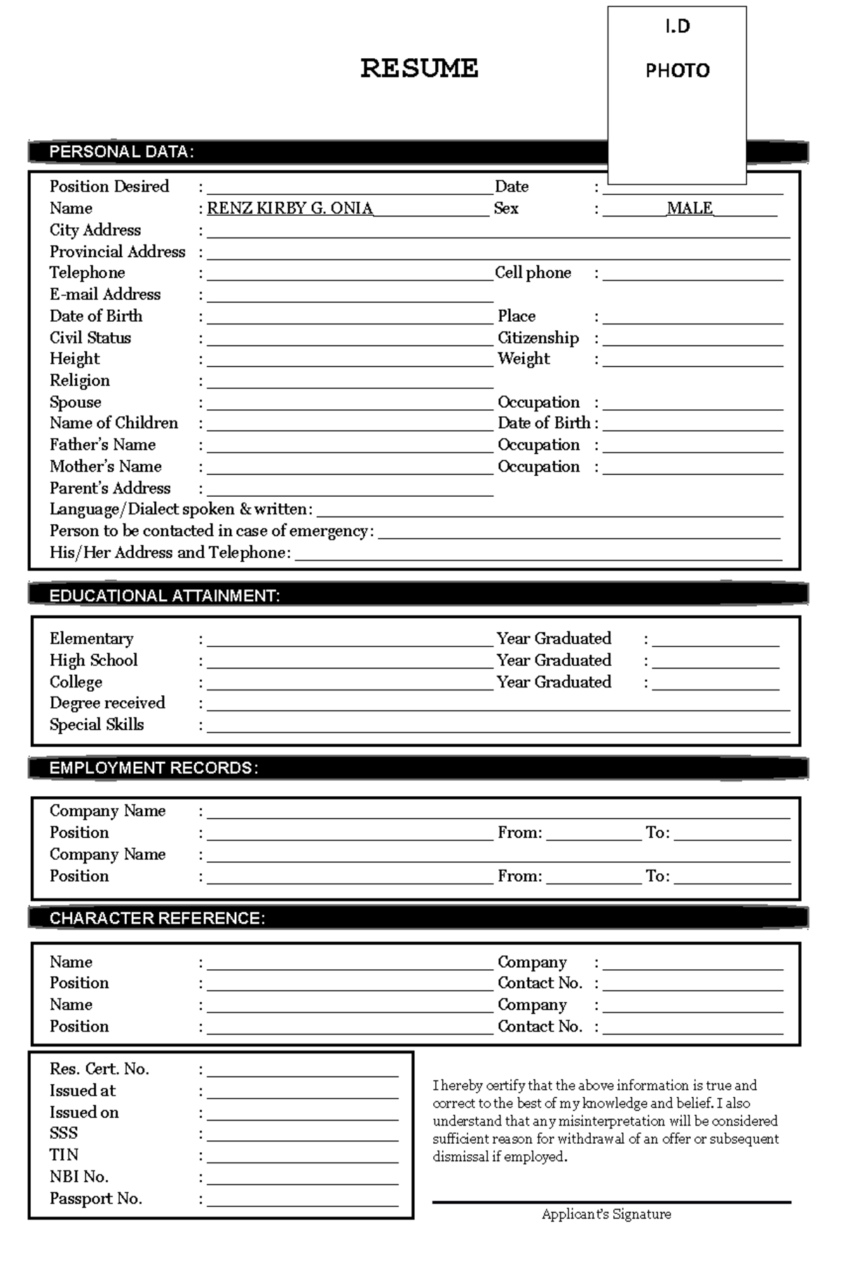 Biodata Format for Job - CVCV - RESUME PERSONAL DATA: Position Desired ...