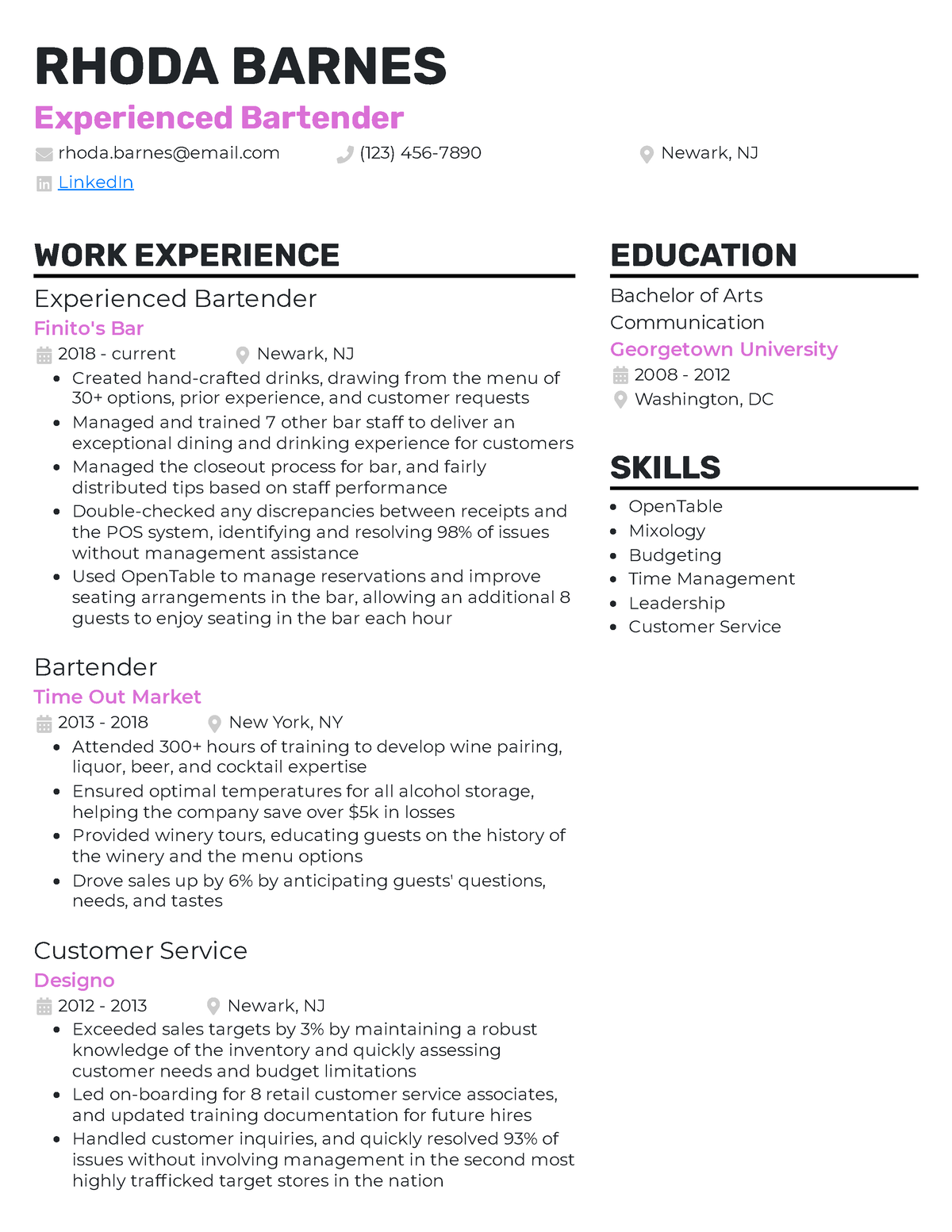 Experienced bartender resume example - RHODA BARNES Experienced ...