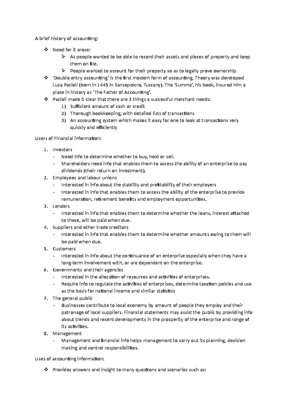 Accounting Notes - A brief history of accounting: Need for it arose: As ...