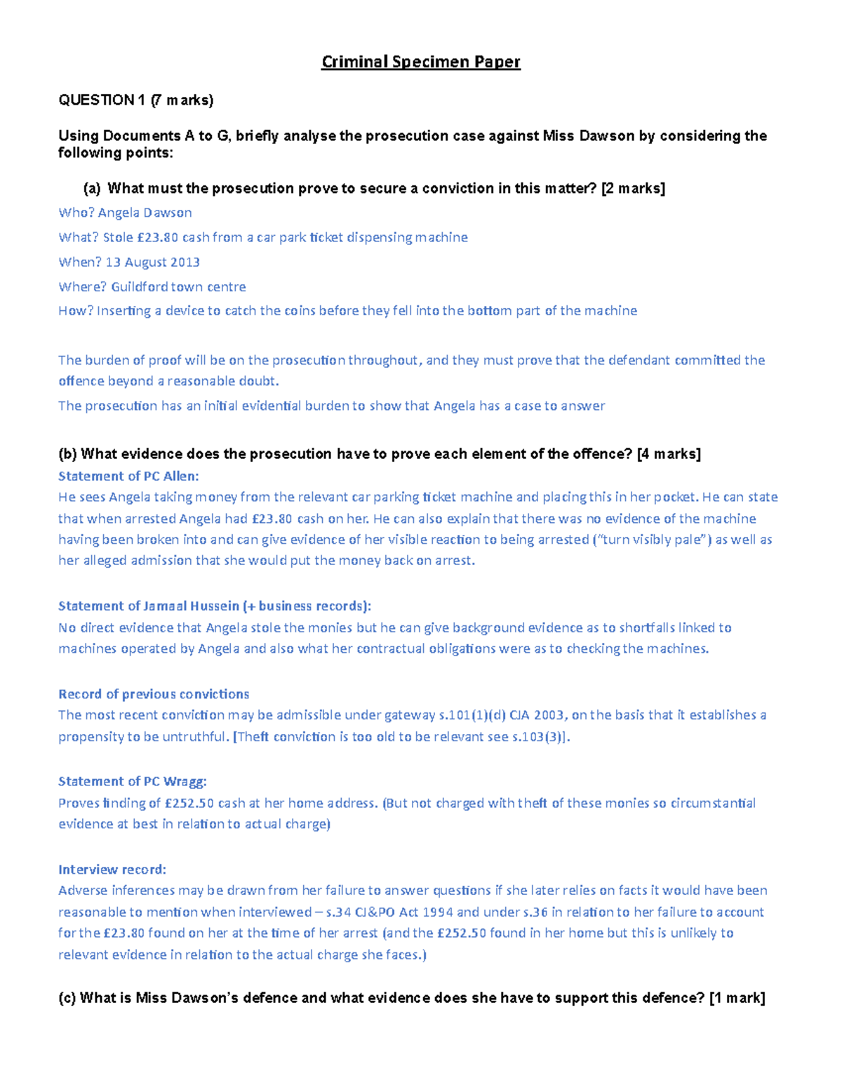 Criminal specimen paper Criminal Specimen Paper QUESTION 1 (7 marks