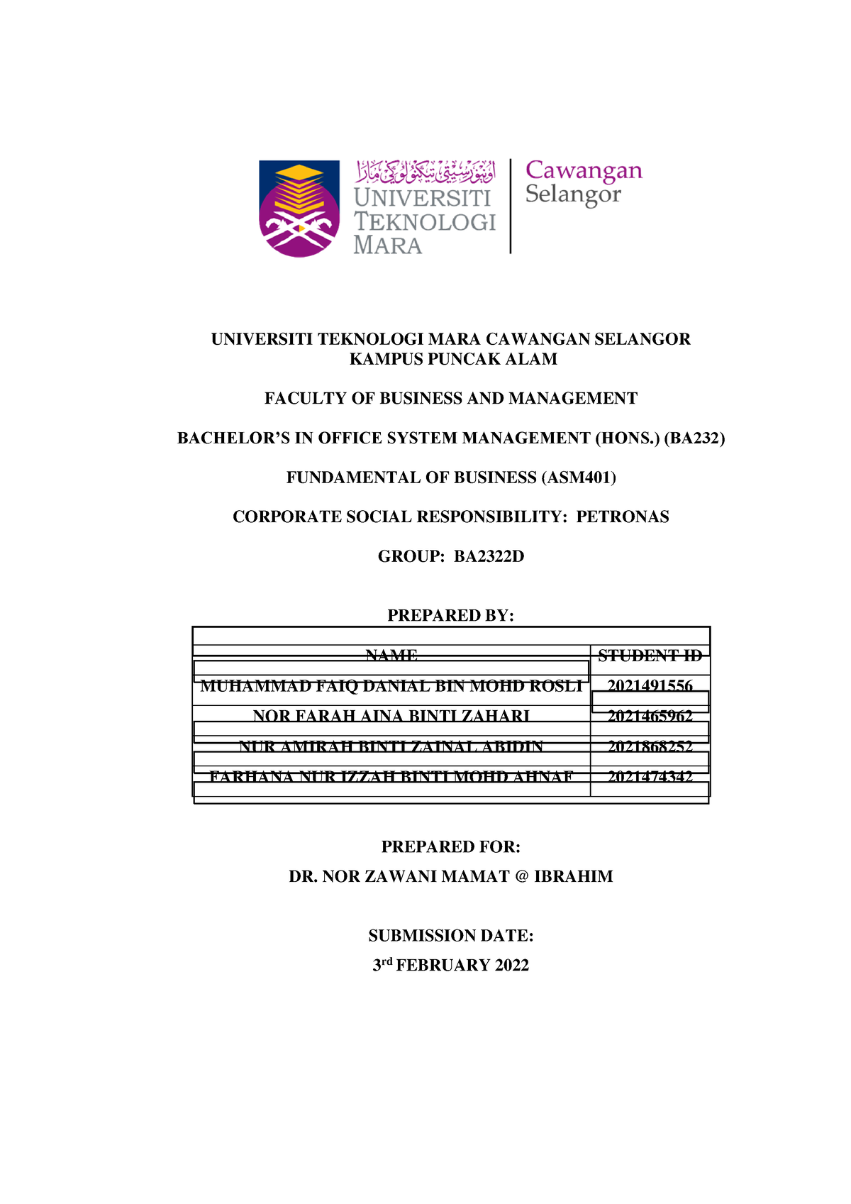 ASM401 Group Assignment ( Petronas) - UNIVERSITI TEKNOLOGI MARA ...