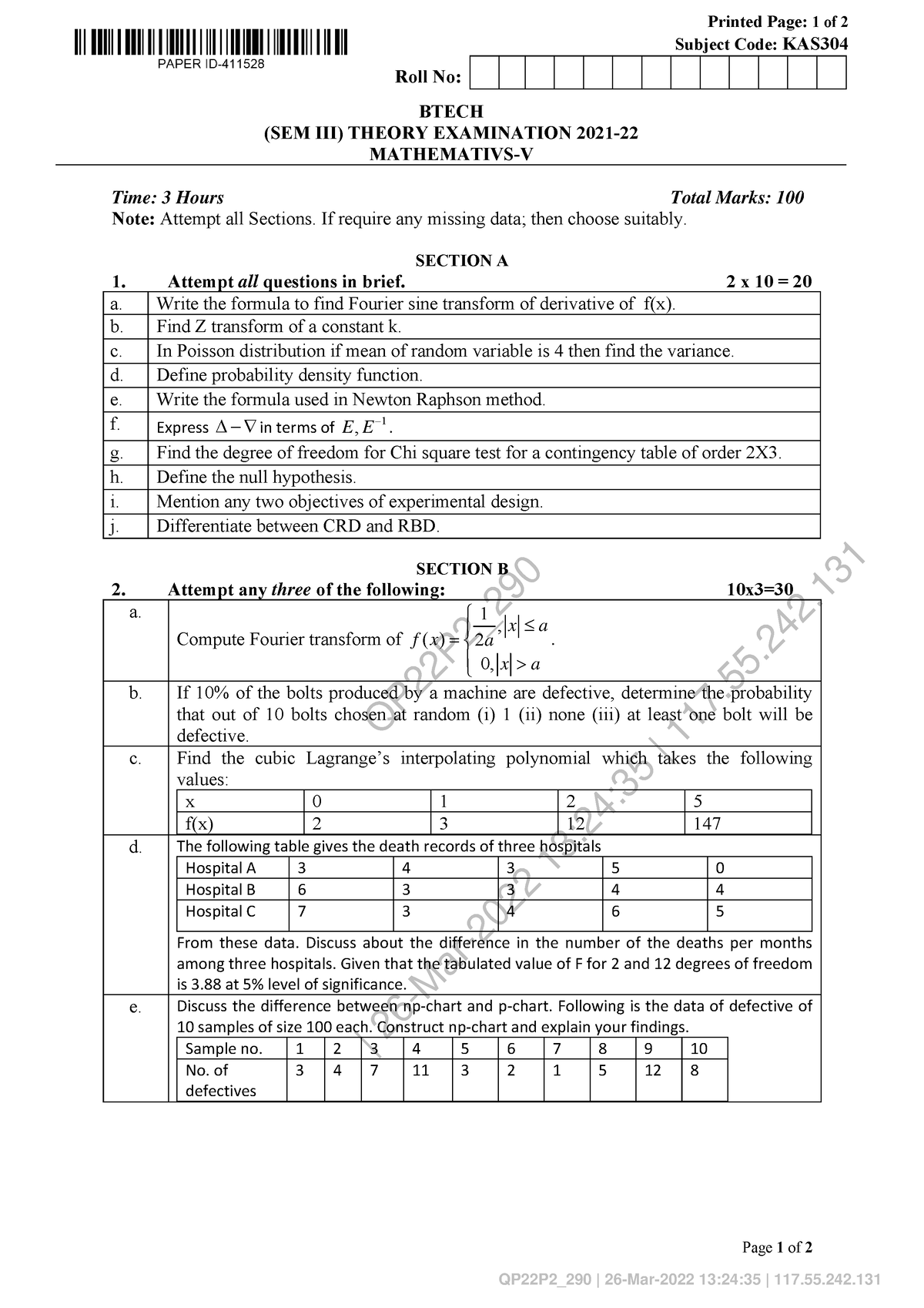 Btech As 3 Sem Mathematics 5 Kas304 2022 - QP22P2_ | 26-Mar-2022 13:24: ...